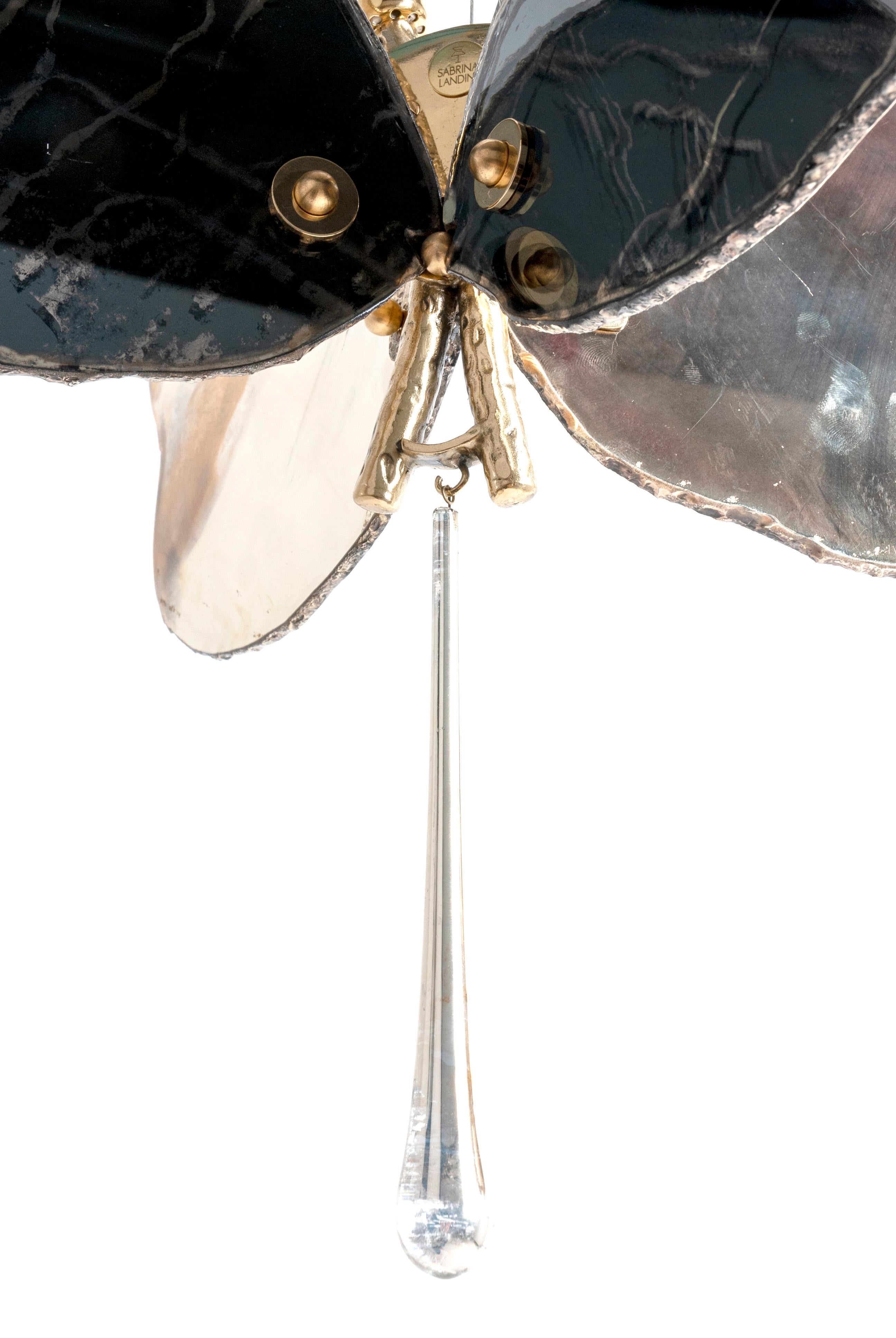 Butterfly 40 contemporary pendant Lamp art glas Silvered, grey color, Brass In New Condition For Sale In Pietrasanta, IT