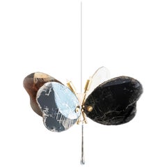 Big Butterfly Hanging Lamp Smoky Grey Silvered Glass, Brass Body, Crystal Drop