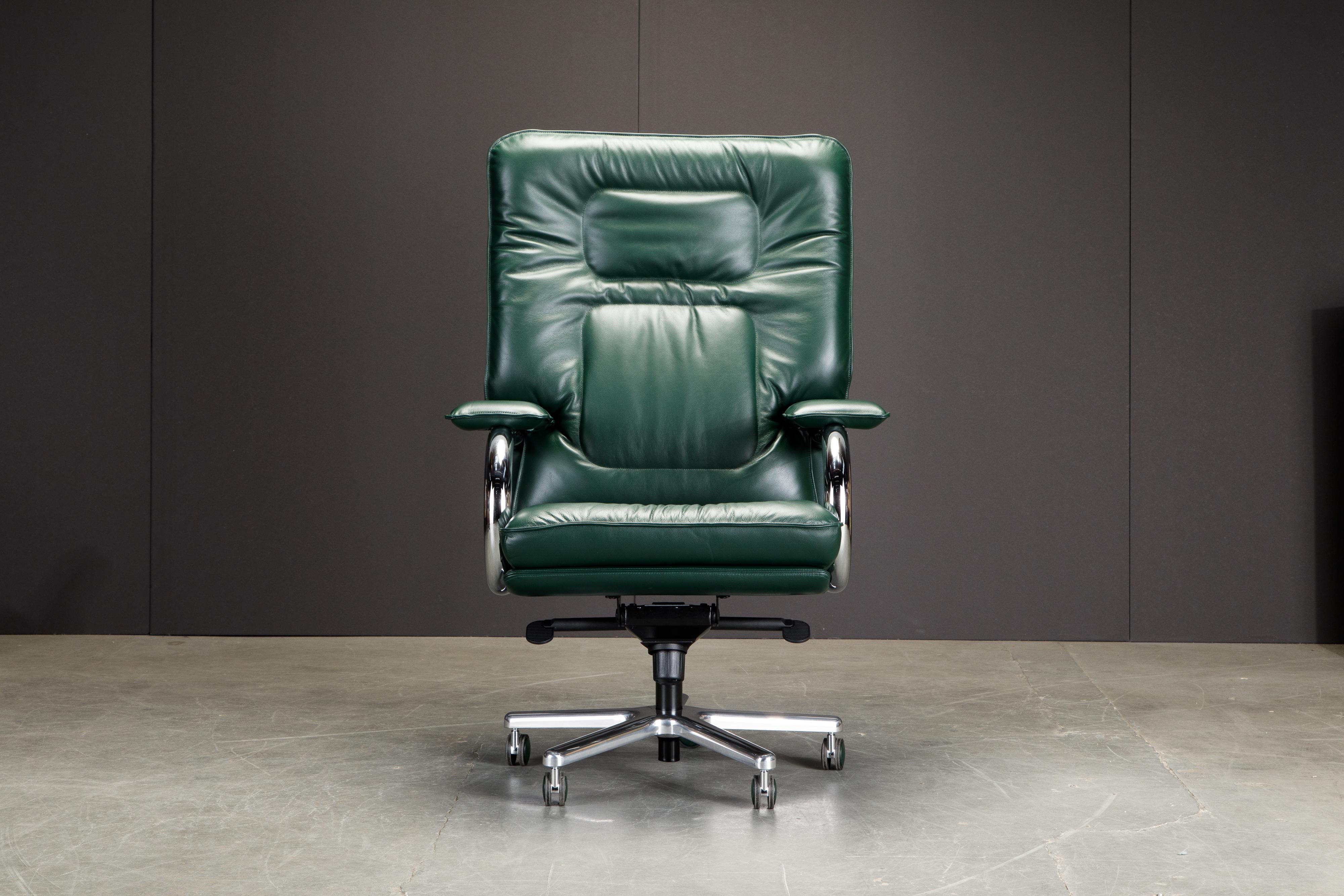 This incredible executives chair is named 'Big', designed by Guido Faleschini by i4 Mariani originally designed in the 1970s, this example newly produced in a gorgeous emerald green leather. 

Such incredible style, no wonder these were featured