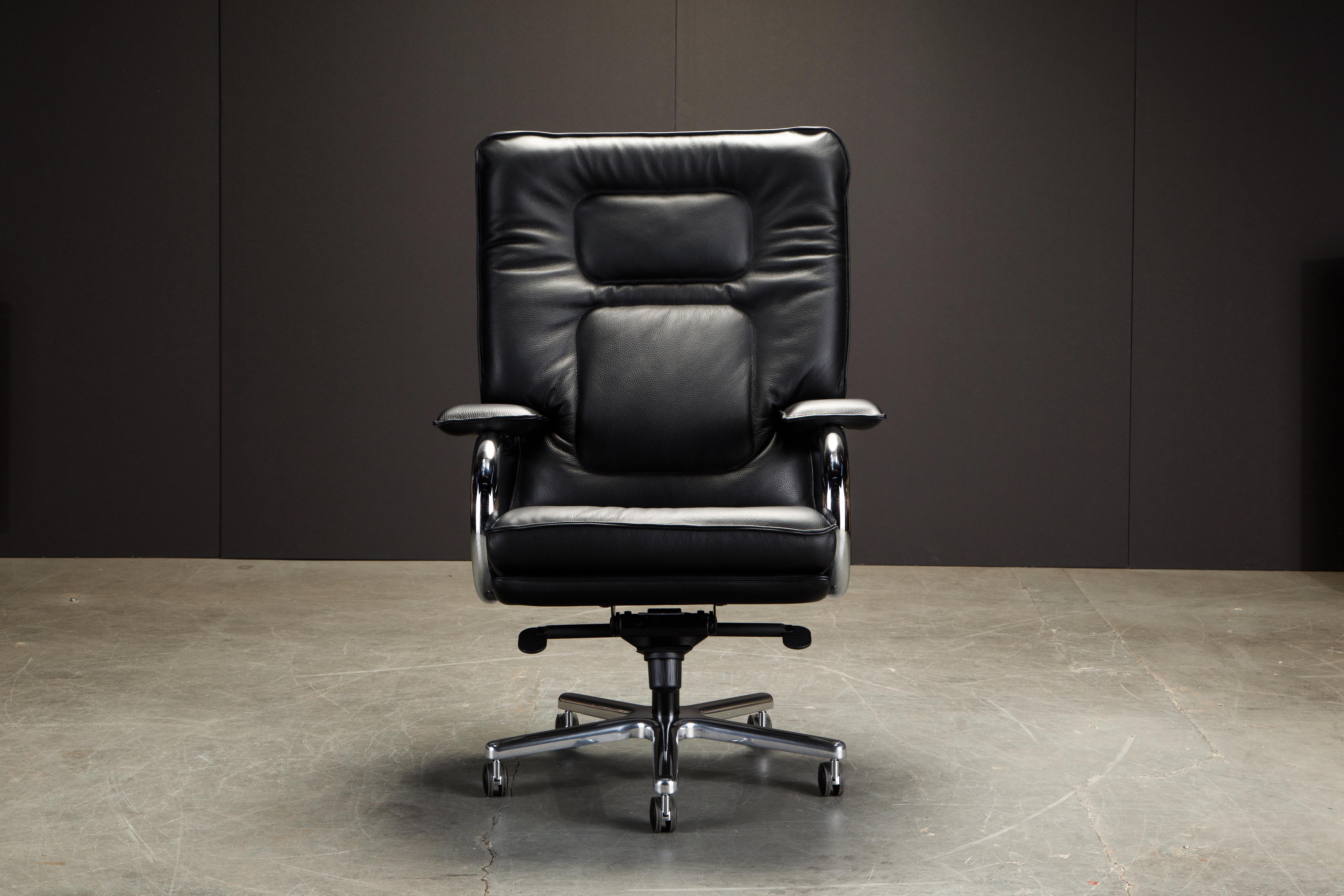 This incredible executives chair is named 'Big', designed by Guido Faleschini by i4 Mariani originally designed in the 1970s, this example newly produced in a gorgeous black leather. 

Such incredible style, no wonder these were featured in the hit