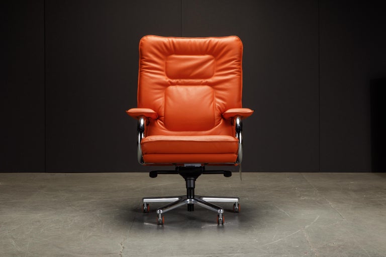 This incredible executives chair is named 'Big', designed by Guido Faleschini by i4 Mariani originally designed in the 1970s, this example newly produced in a gorgeous pop color orange leather. 

Such incredible style, no wonder these were featured