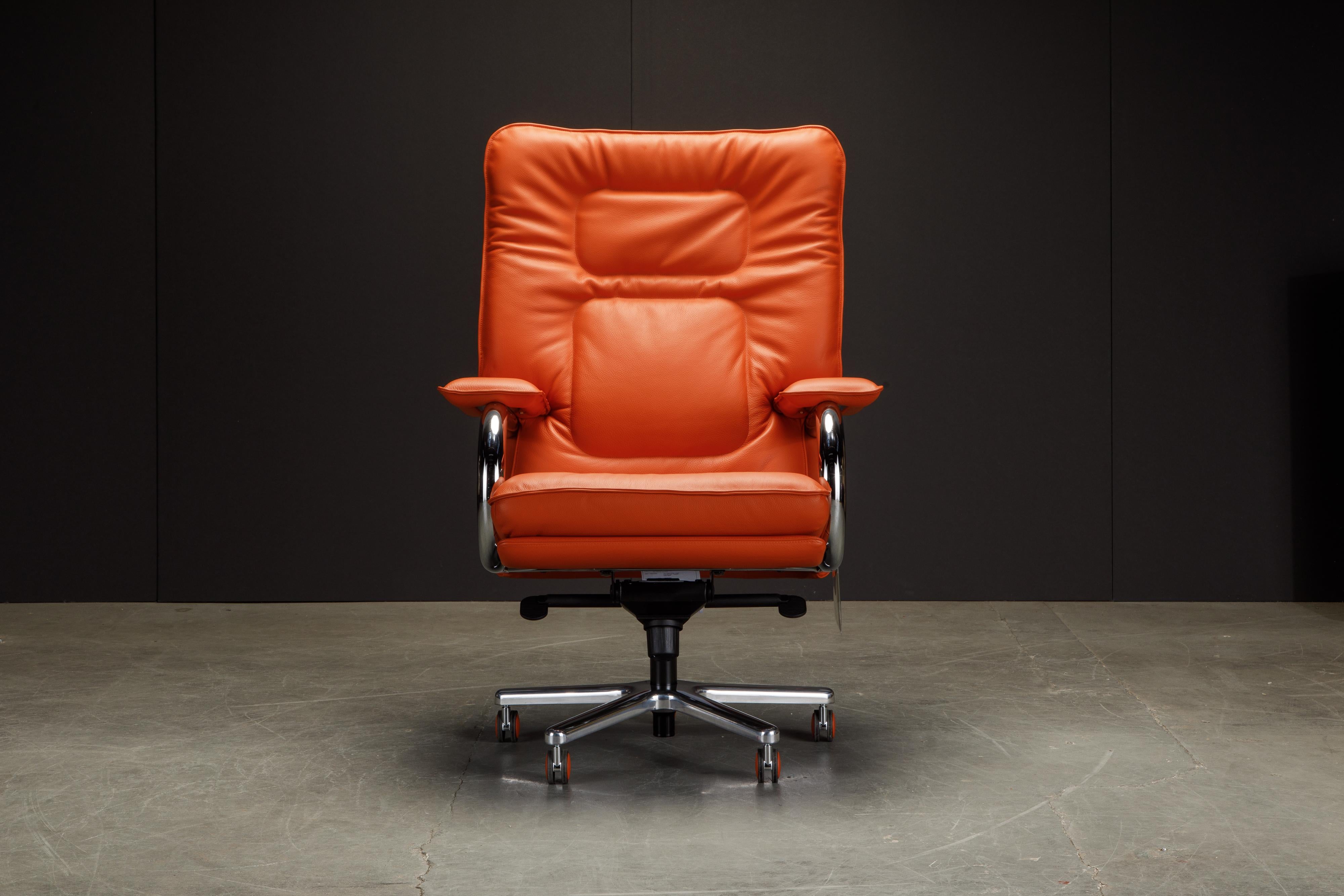 Cet incroyable fauteuil de direction s'appelle 'Big', il a été conçu par Guido Faleschini pour i4 Mariani. Conçu à l'origine dans les années 1970, cet exemplaire a été récemment produit dans un magnifique cuir orange de couleur pop. 

Un style si