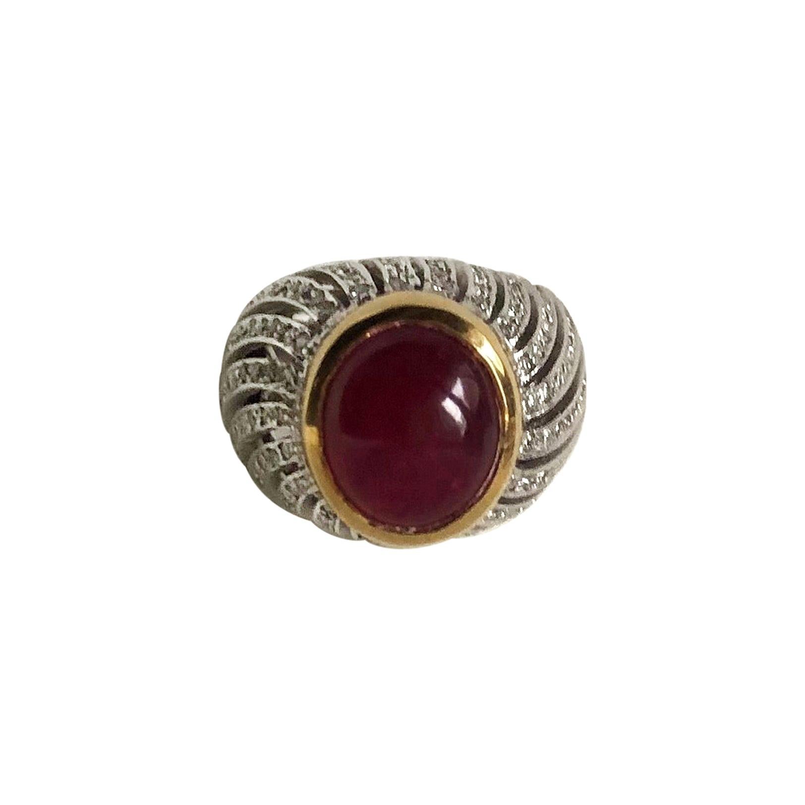 Big Cabochon Ruby and Diamonds 18 Karat Yellow and White Gold Ring For Sale