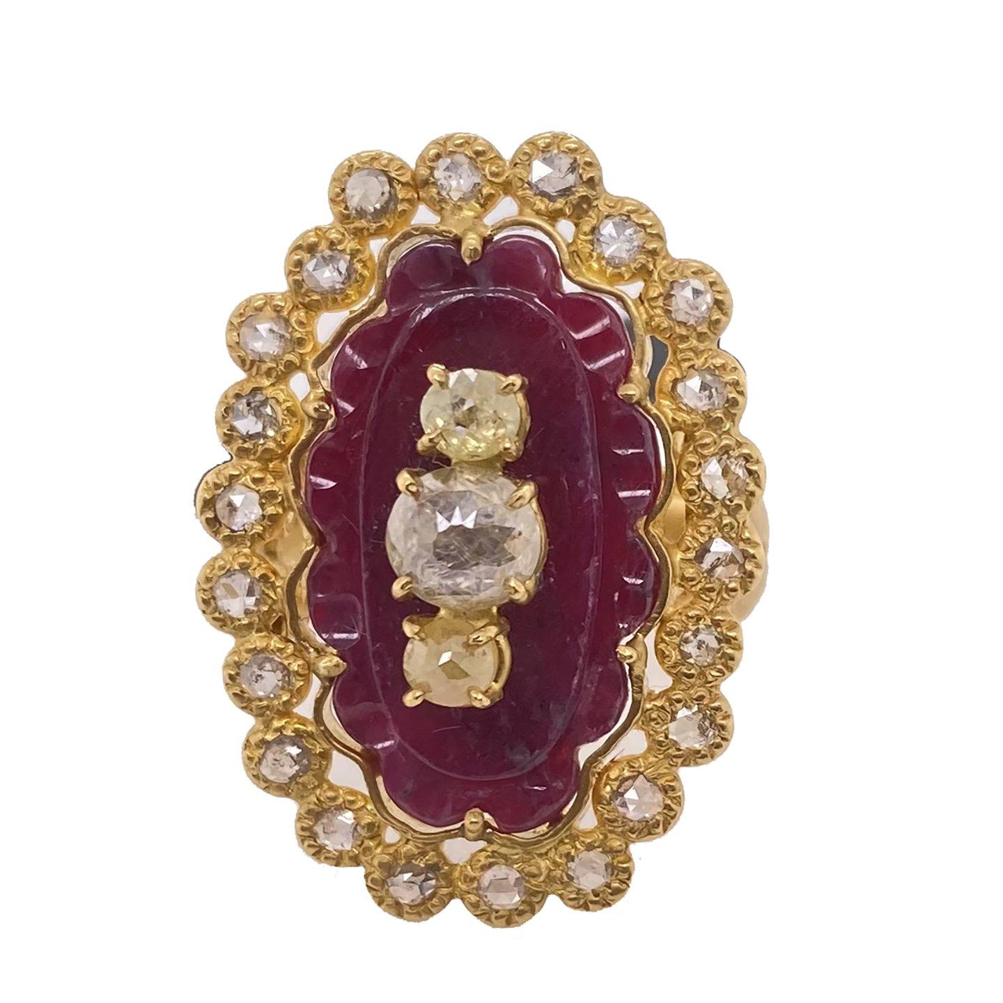 Antiquity Ruby Line Ring Set in 20 Karat Yellow Gold with 7.20-carat Carved Ruby and 0.58-carat Rose-Cut Diamonds in a Sunshine Design. This Ring has 0.80-carat of Yellow Diamonds and is part of COOMI's Antiquity Collection. The Antiquity Collection