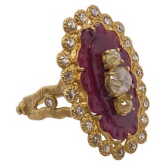 Gran Anillo de Oro Tallado Rubí Sol con Diamantes de 0,58 Quilates
