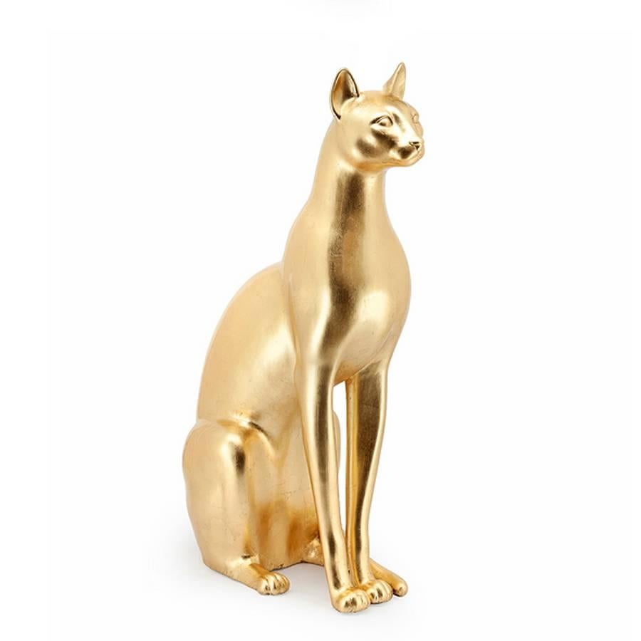 Sculpture grand chat en céramique avec peinture à la feuille d'or.
Egalement disponible en noir intégral céramique ou en blanc intégral 
finition. Finition feuille d'or, prix 1850,00€
Disponible également en blanc ou en noir, prix : 1250,00€
ou en