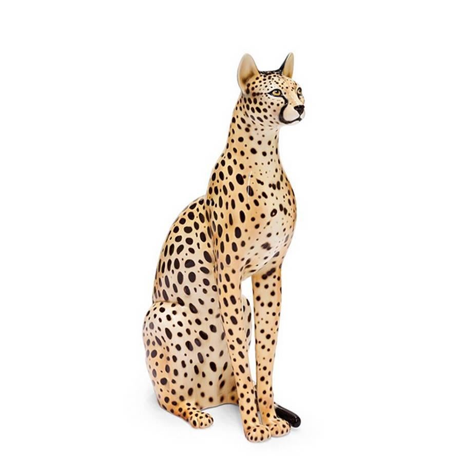 Hand-Painted Big Cat Sculpture Ceramic Gold Painted or Black or White or Leopard For Sale