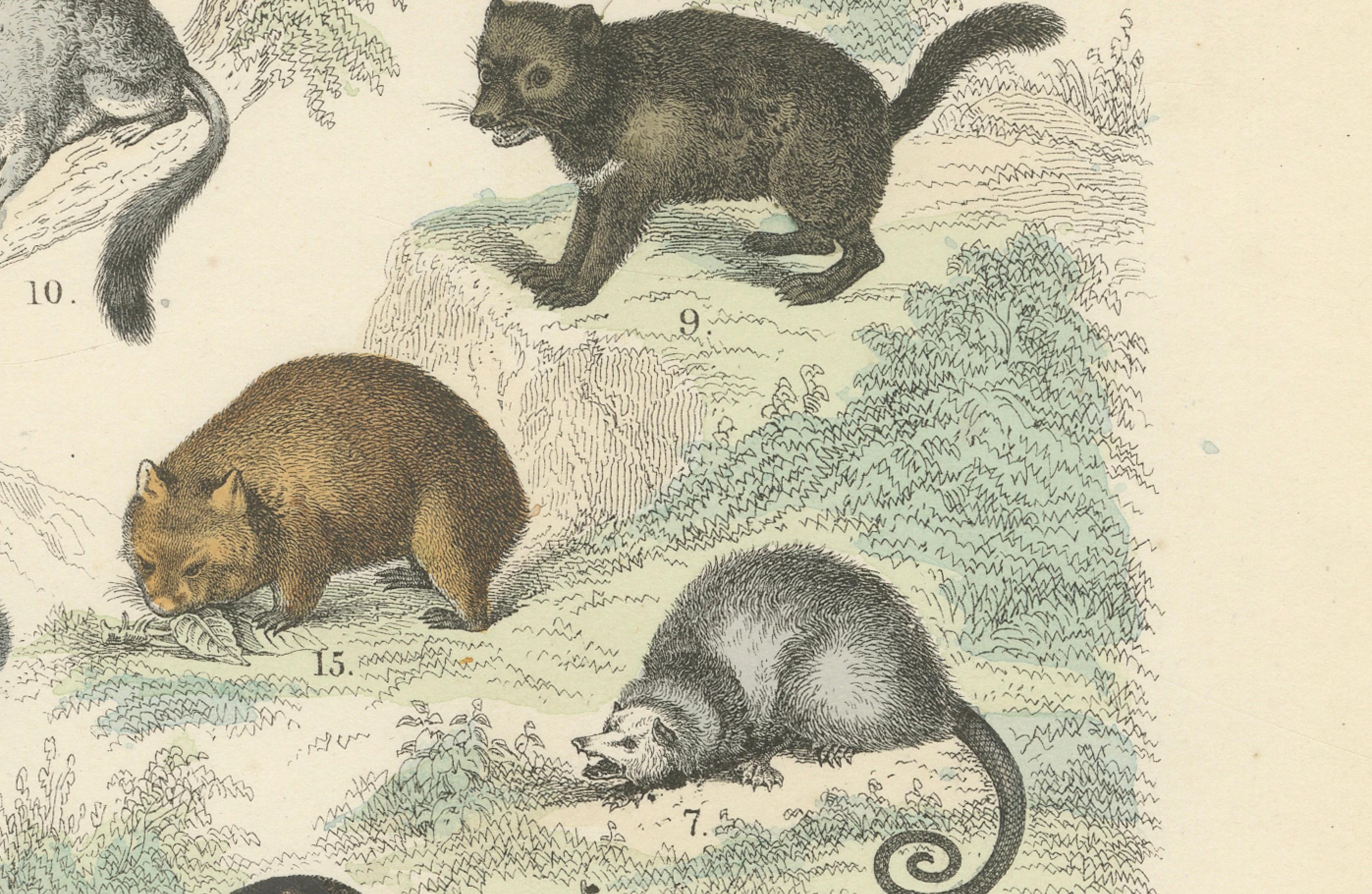 Großkatzen & Beuteltiere Druck: Löwe, Tiger, Känguru - Antike 1867 (Papier) im Angebot