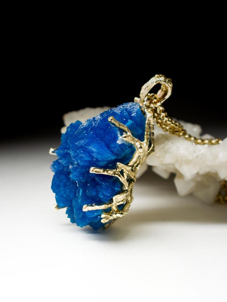 Big Cavansite Crystals Yellow Gold Pendant Azure Blue Raw Uncut Gemstone Healing For Sale 1