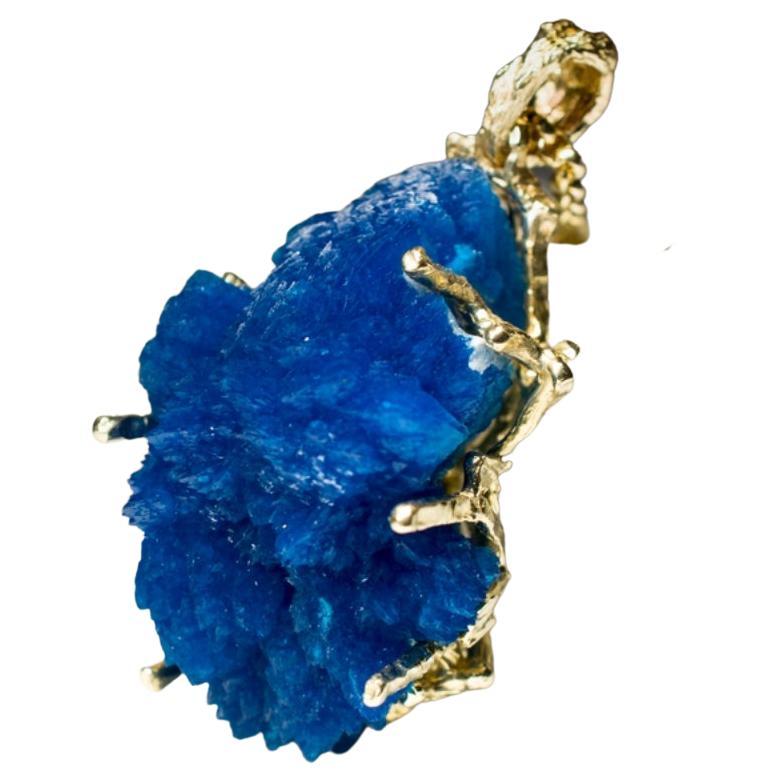 Big Cavansite Crystals Yellow Gold Pendant Azure Blue Raw Uncut Gemstone Healing For Sale