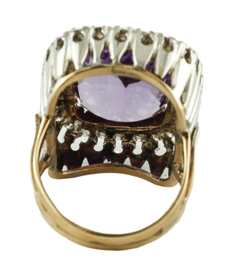 Round Cut Big Central Amethyst, Diamonds, 14 Karat White and Yellow gold Vintage Ring