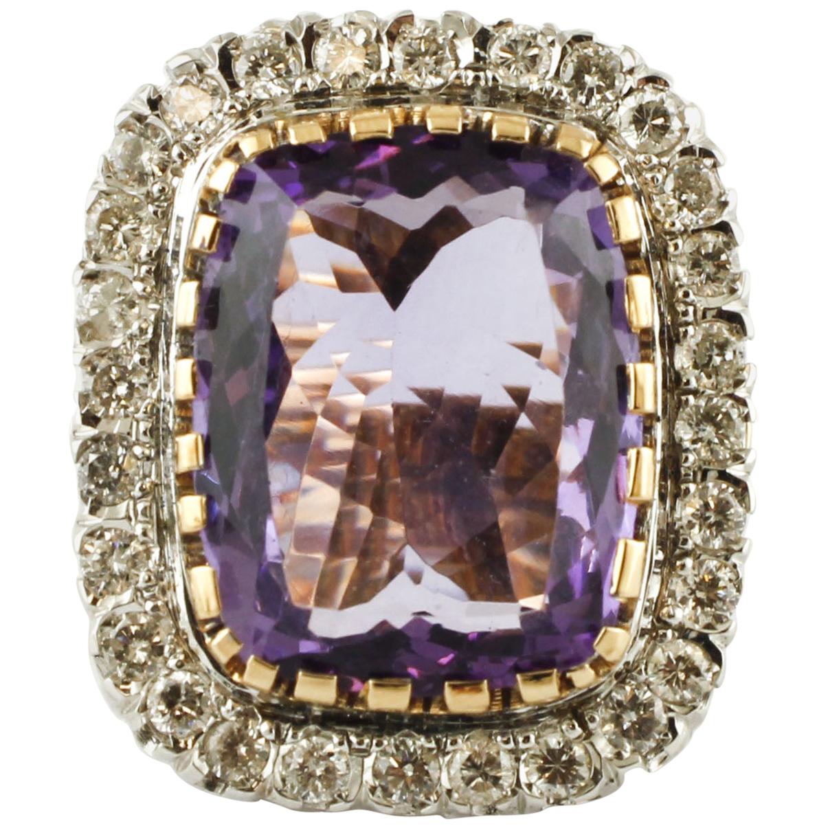 Big Central Amethyst, Diamonds, 14 Karat White and Yellow gold Vintage Ring