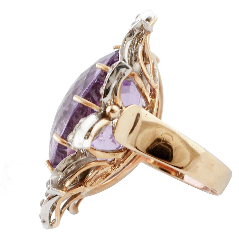Beautiful shiny ring in 9 kt rose gold and silver structure, mounted with a big central amethyst , surrounded by silver petals studded with diamonds.
This ring is totally handmade by Italian master goldsmiths.
Diamonds 2.23 ct, round cut, G Color,