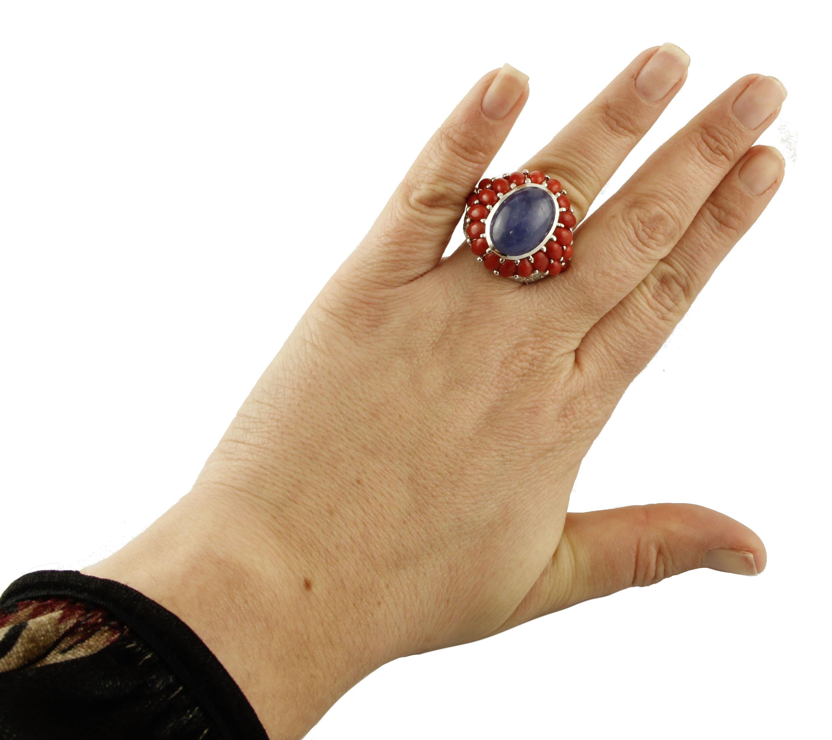 Women's Big Central Tanzanite, Diamonds and Coral, 14 Karat White Gold Ring For Sale