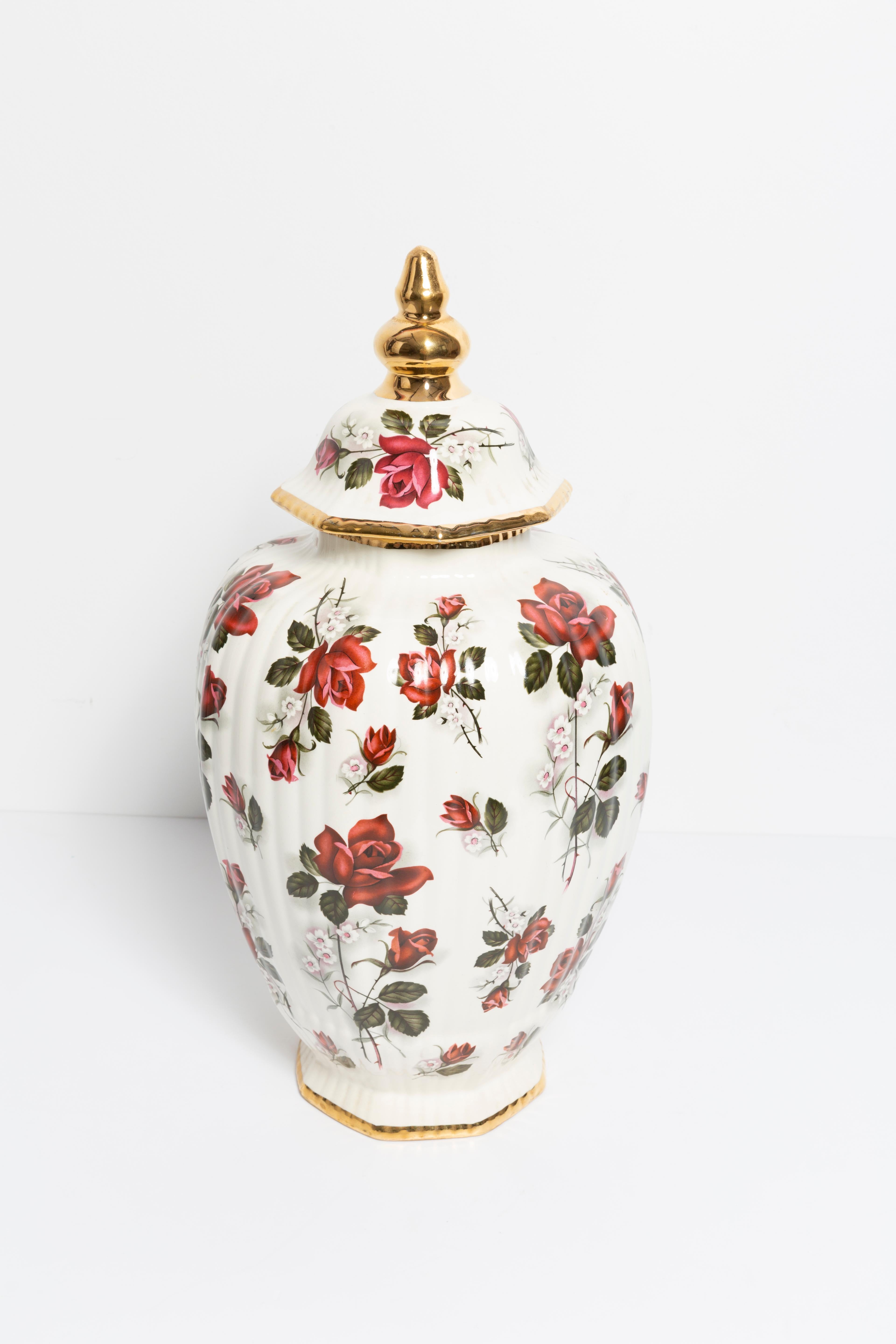 Mid-Century Modern Big Ceramic Hand Painted Roses Vase Candy Box, 20th Century, Belgium, 1960s For Sale