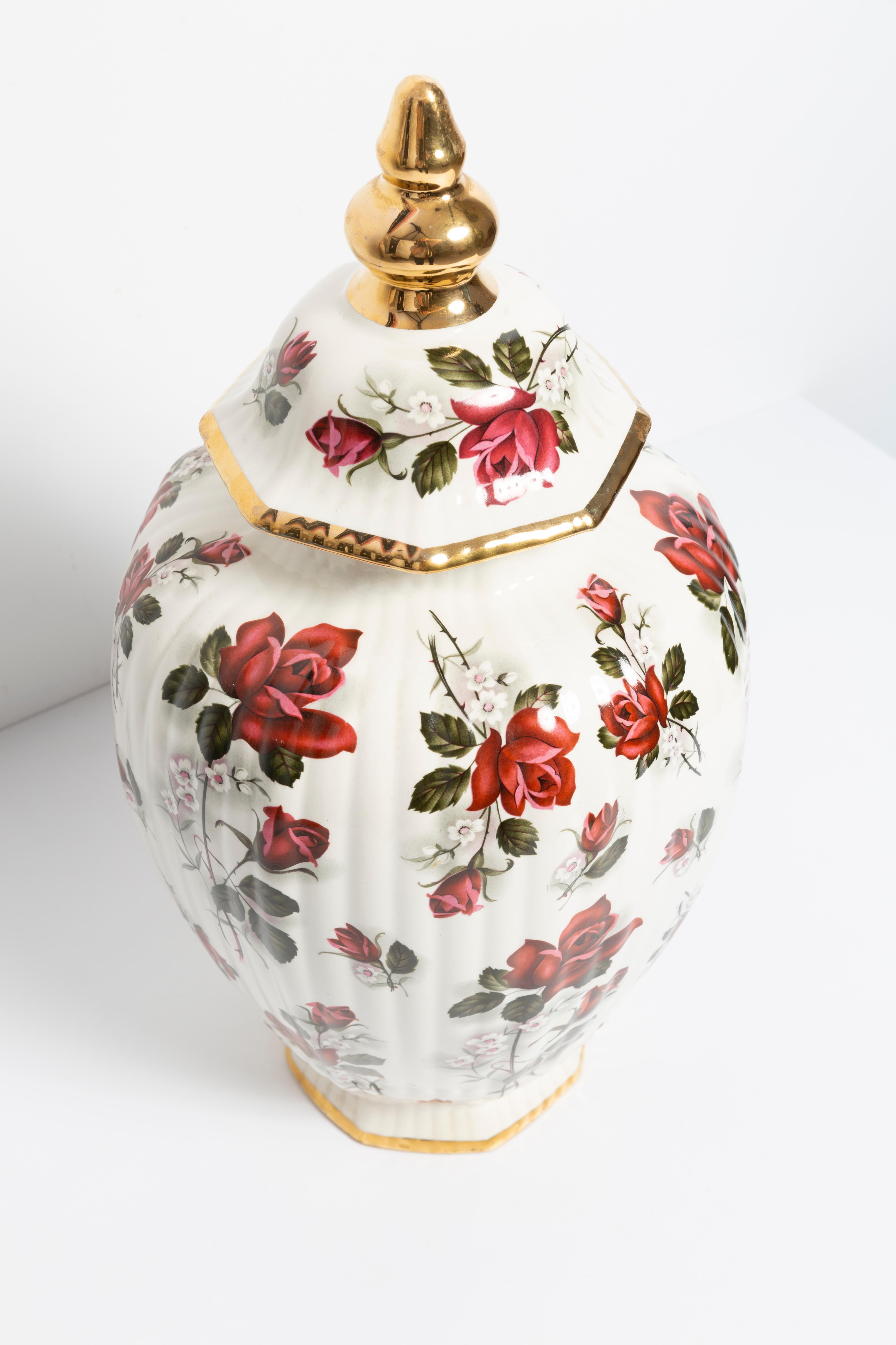 Belgian Big Ceramic Hand Painted Roses Vase Candy Box, 20th Century, Belgium, 1960s For Sale