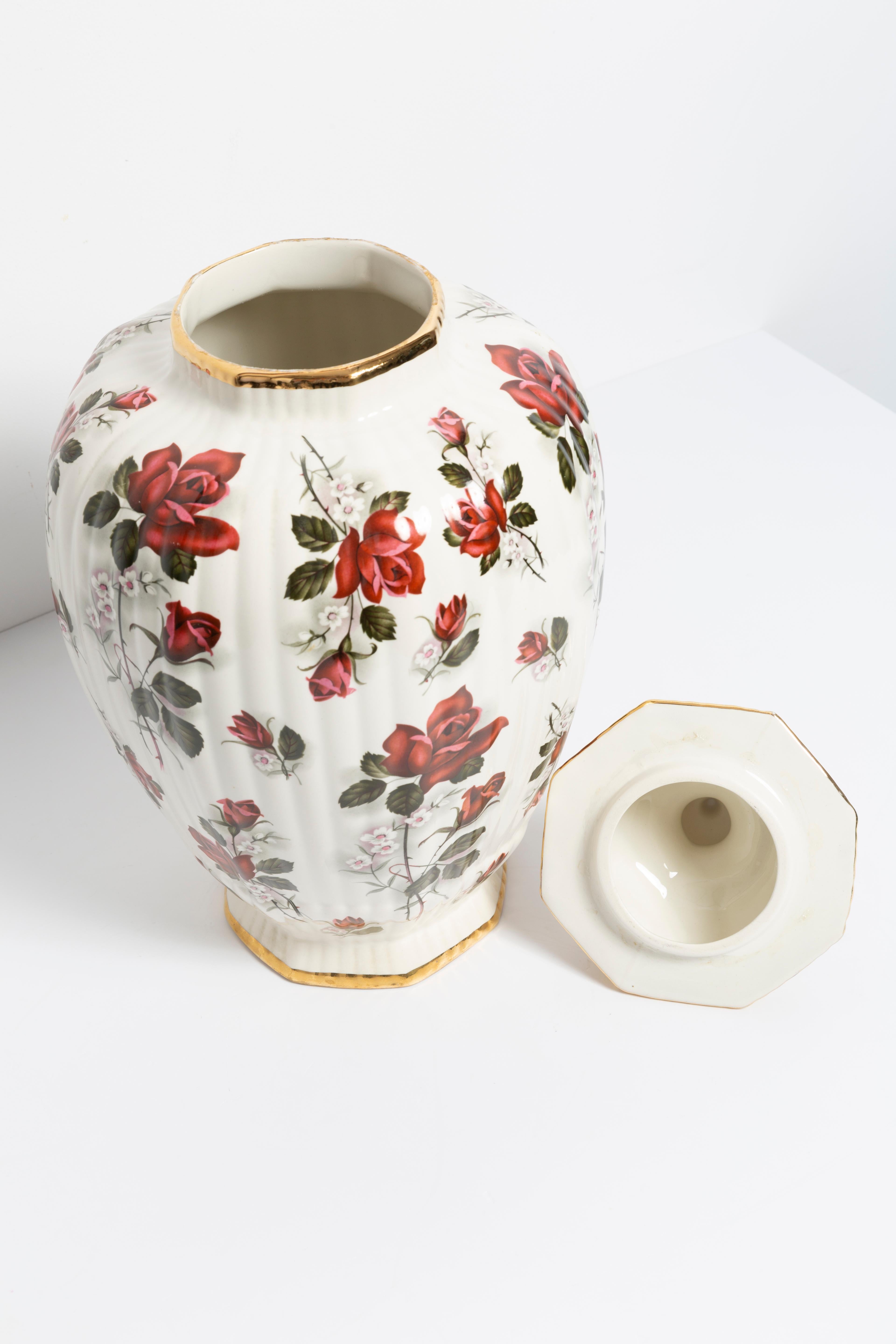 Big Ceramic Hand Painted Roses Vase Candy Box, 20th Century, Belgium, 1960s For Sale 2