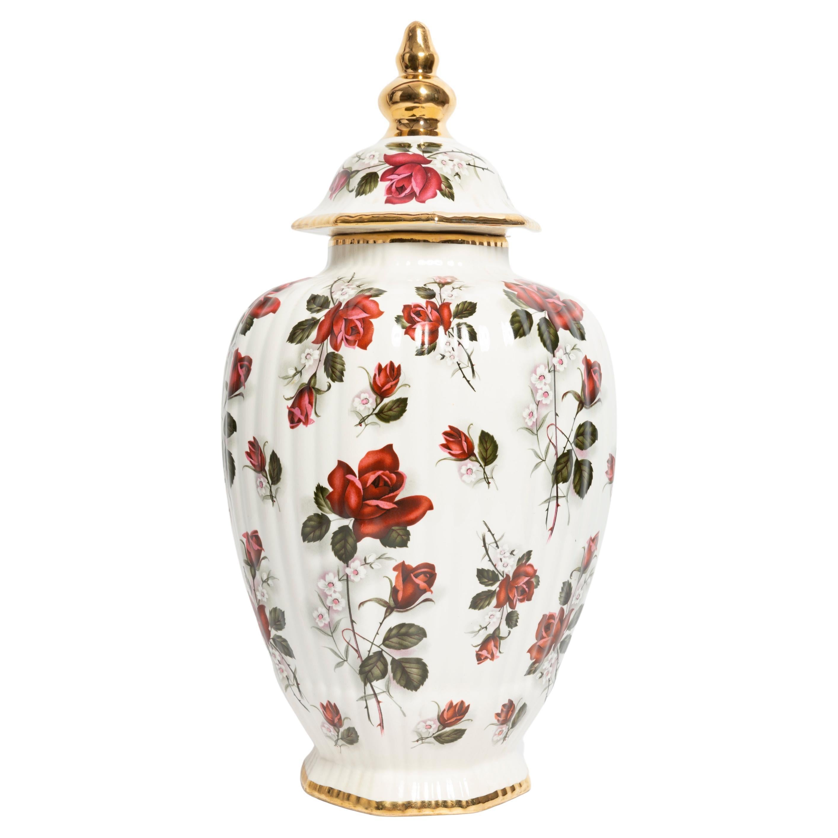 Big Ceramic Hand Painted Roses Vase Candy Box, 20th Century, Belgium, 1960s For Sale
