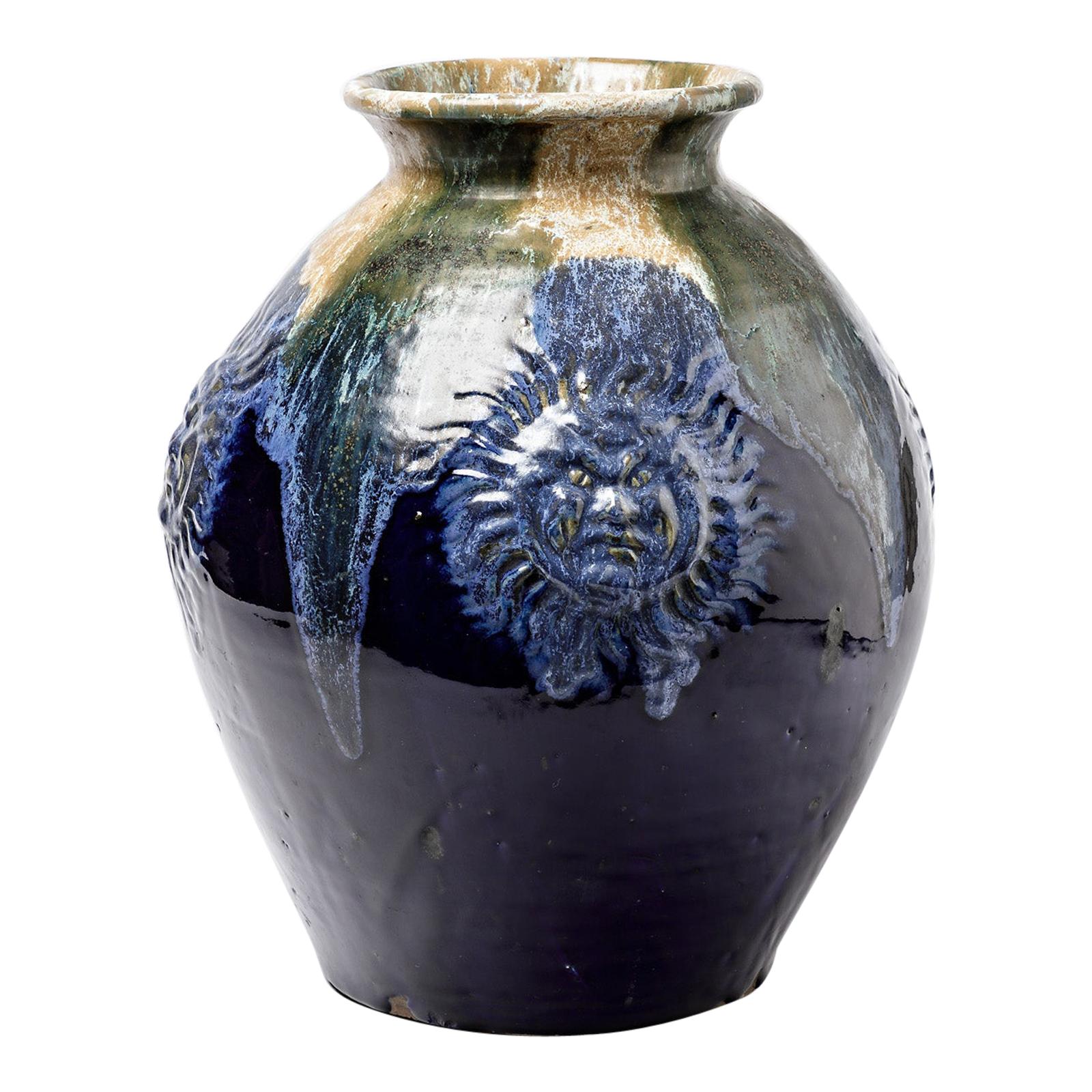 Big Ceramic Vase with Blue Glazes Decoration by Lucien Arnaud, circa 1920 For Sale