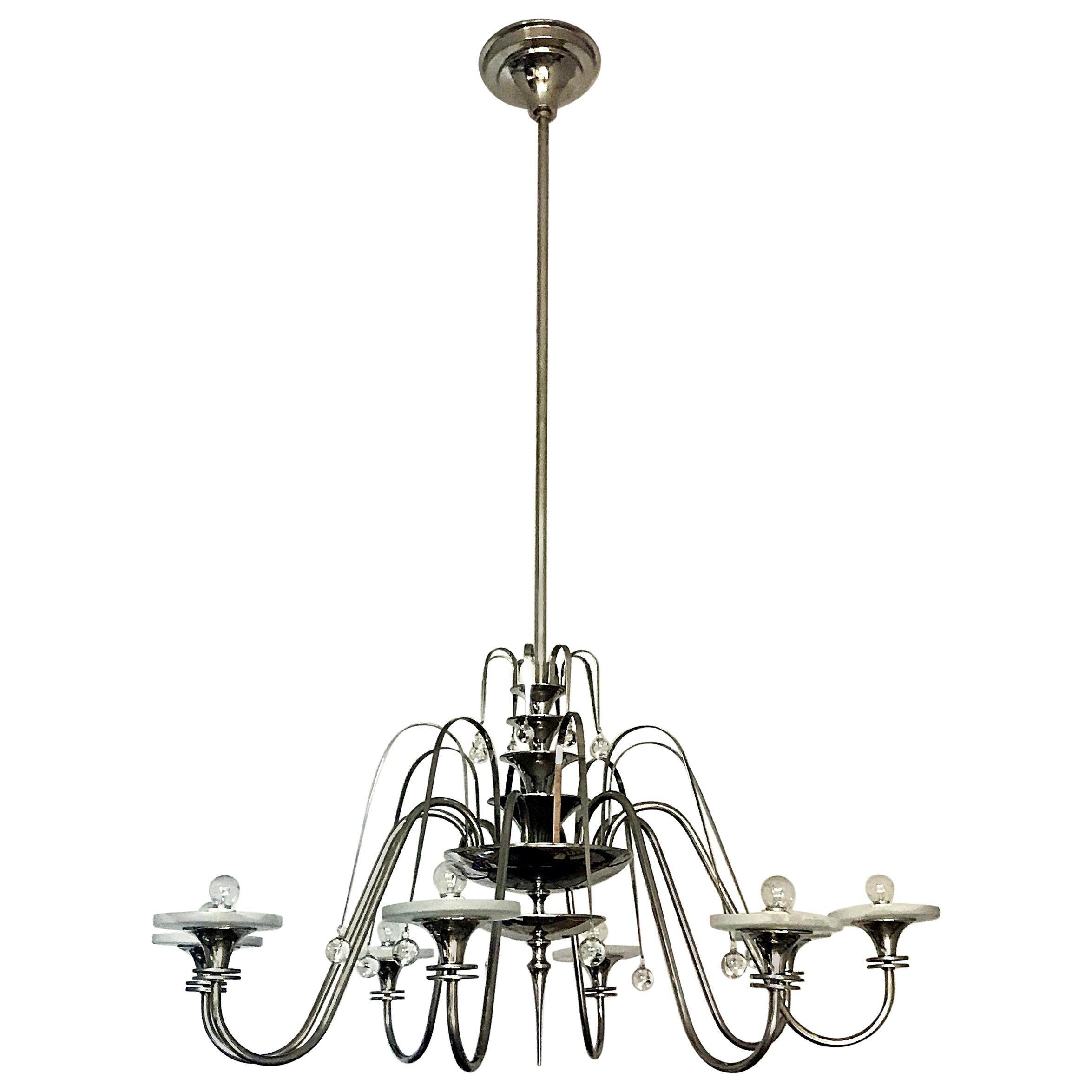 Chandelier with 5Light in Silvered Bronze and Cut Crystal, France For