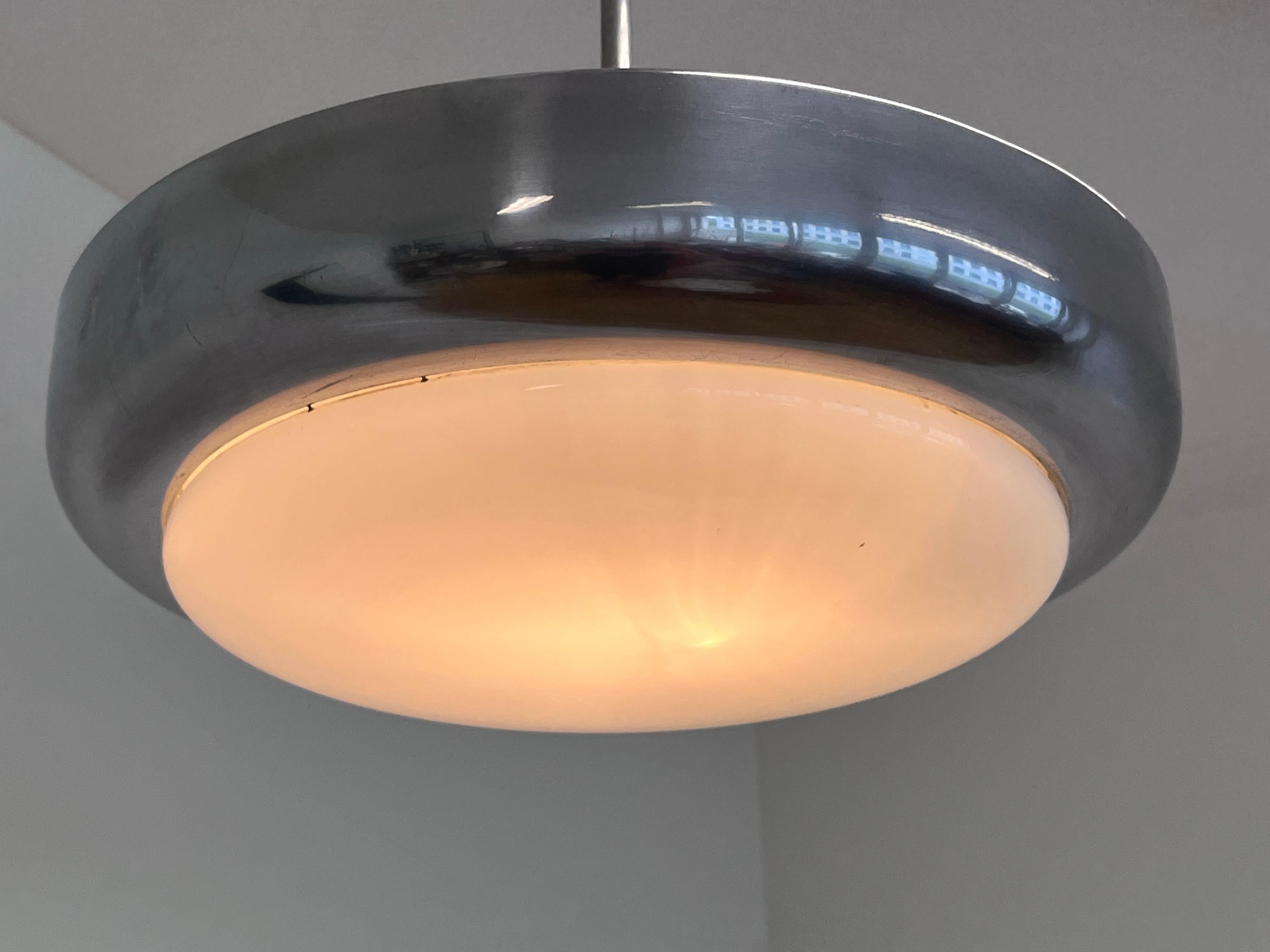 Czech Big Chrome milk glass Bauhaus pendant / lamp - 1930s For Sale