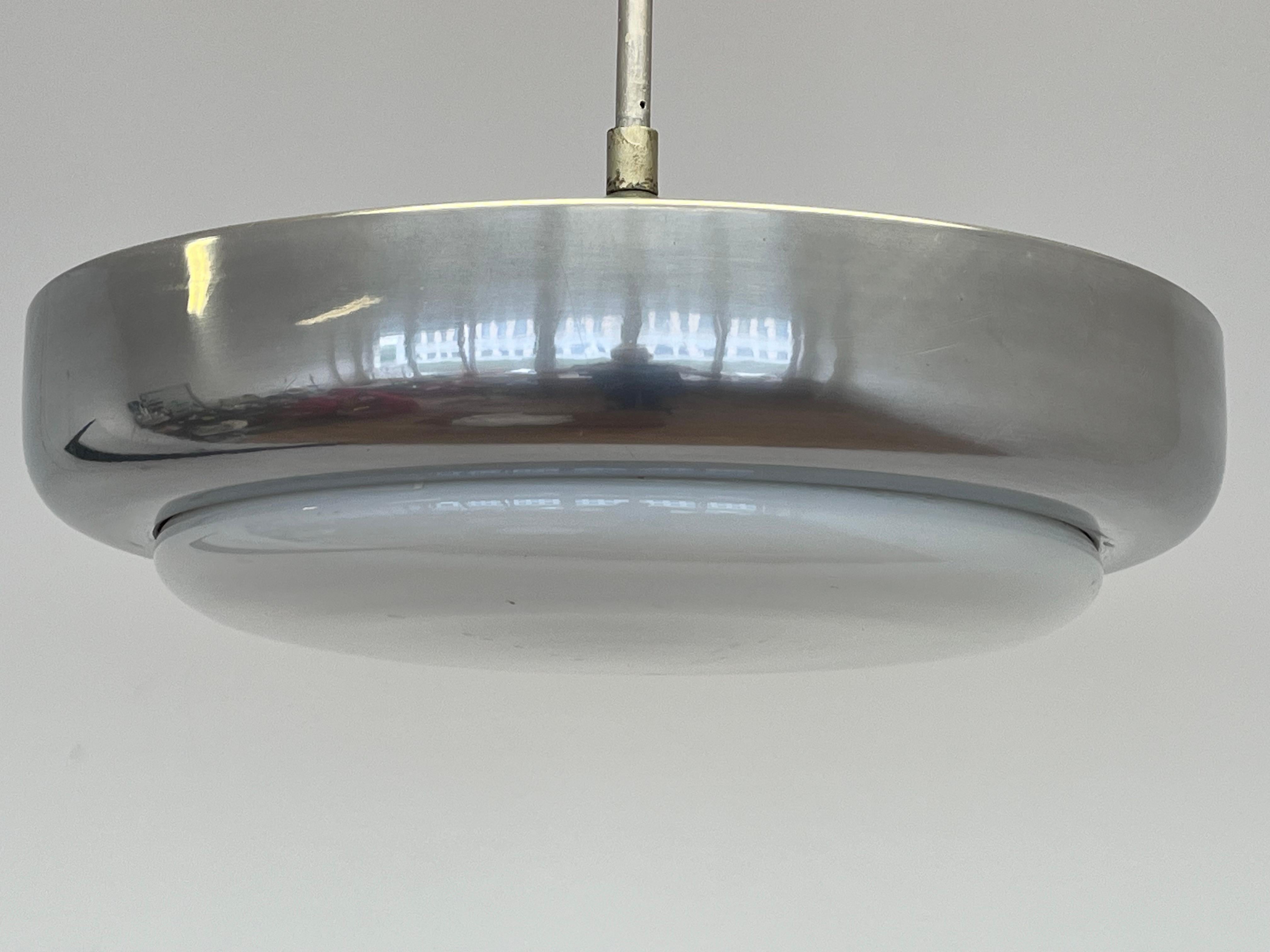 Big Chrome milk glass Bauhaus pendant / lamp - 1930s In Good Condition For Sale In Praha, CZ