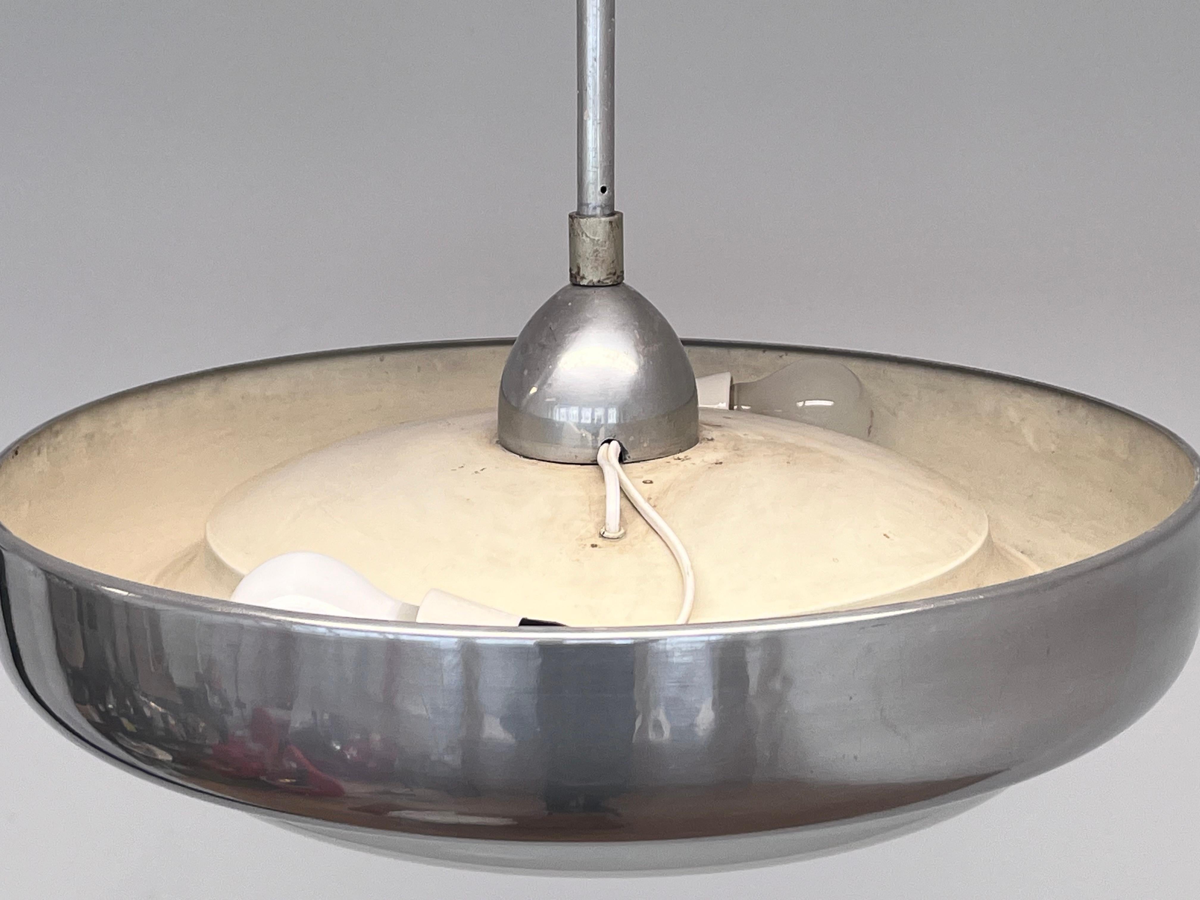 Mid-20th Century Big Chrome milk glass Bauhaus pendant / lamp - 1930s For Sale