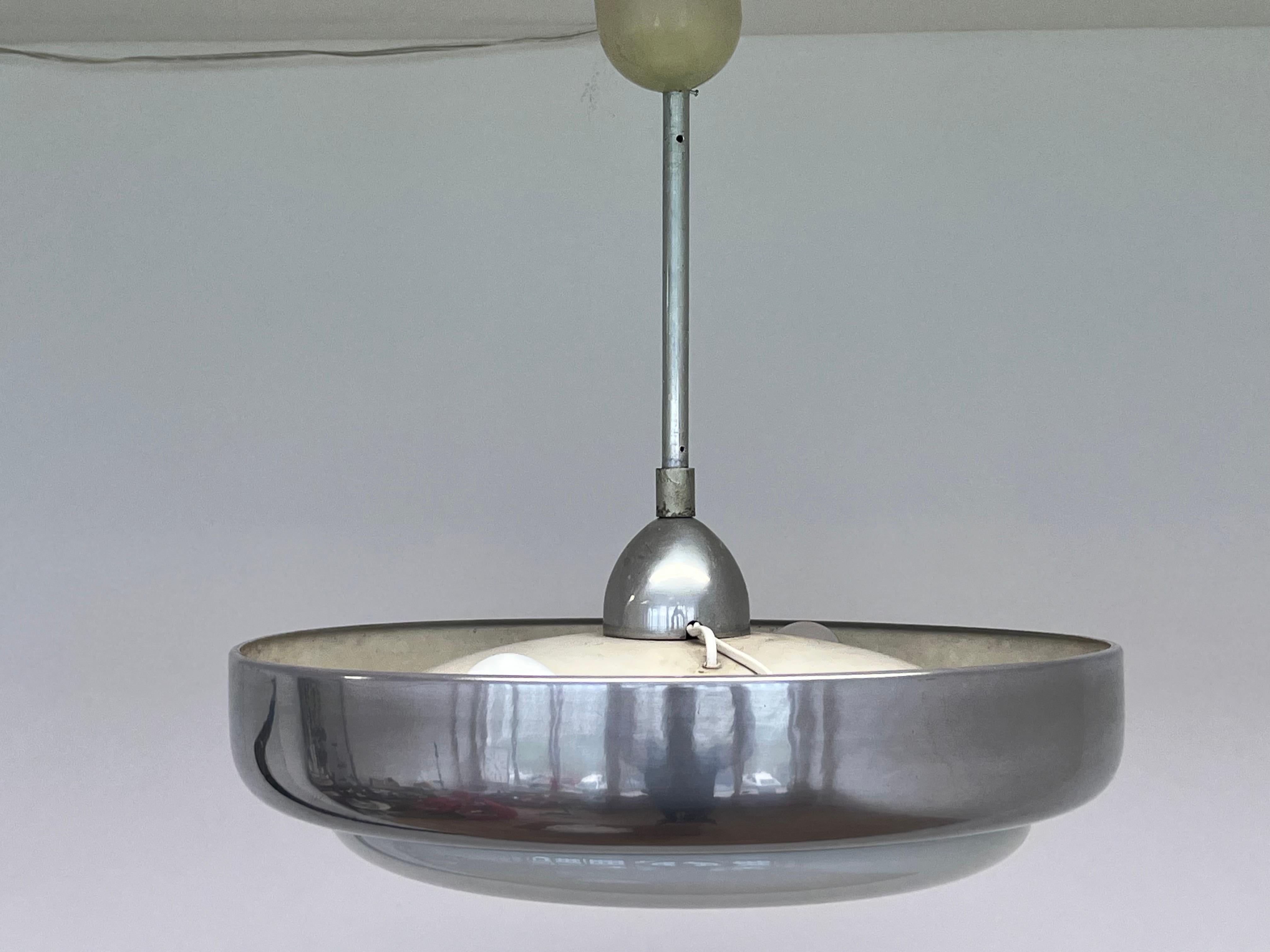 Glass Big Chrome milk glass Bauhaus pendant / lamp - 1930s For Sale