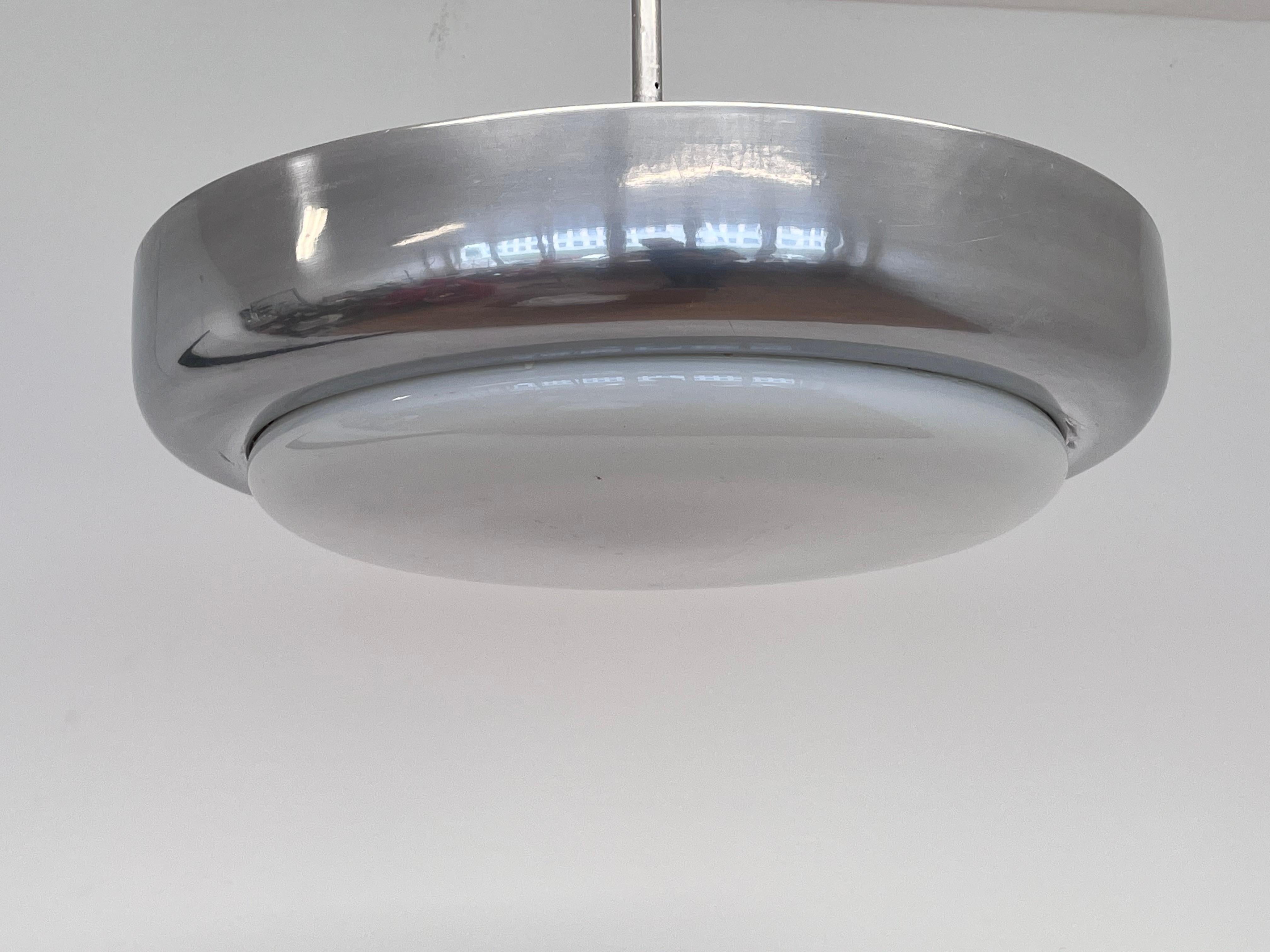 Big Chrome milk glass Bauhaus pendant / lamp - 1930s For Sale 1