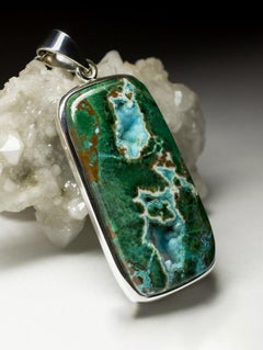 Big Chrysocolla Silver Pendant Blue Green Natural Gemstone Vintage style