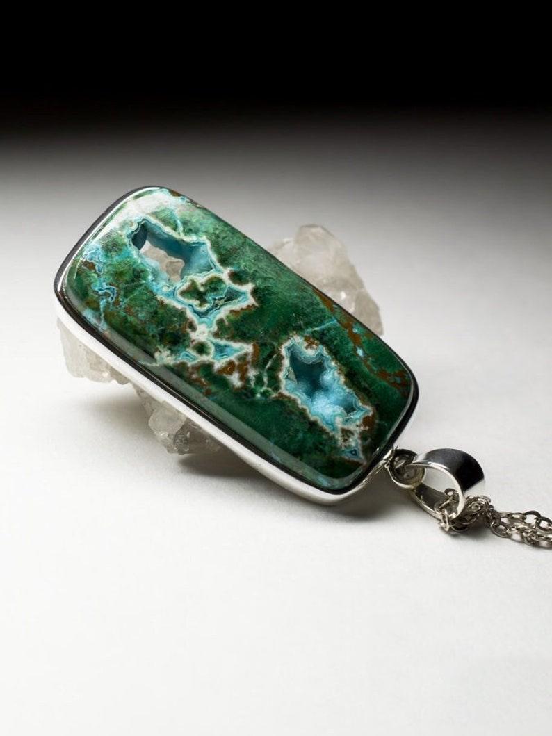 Taglio baguette Grande ciondolo d'argento in crisocolla, pietra naturale verde blu, stile Vintage in vendita