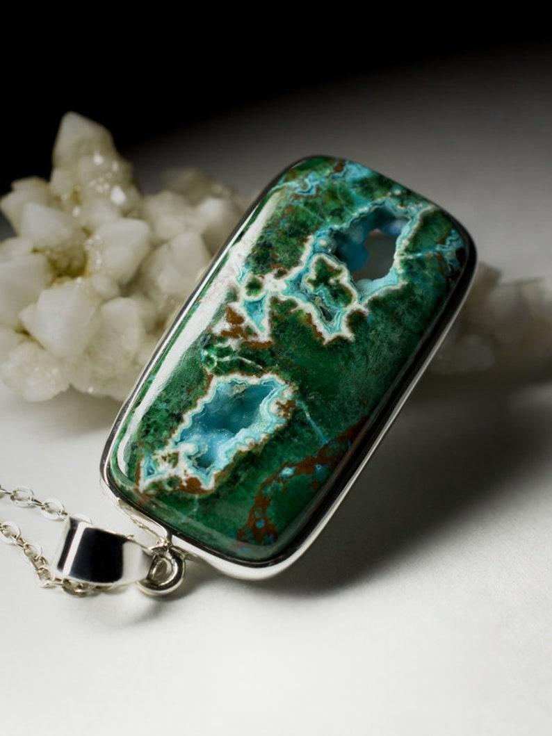 Grande ciondolo d'argento in crisocolla, pietra naturale verde blu, stile Vintage in vendita 1