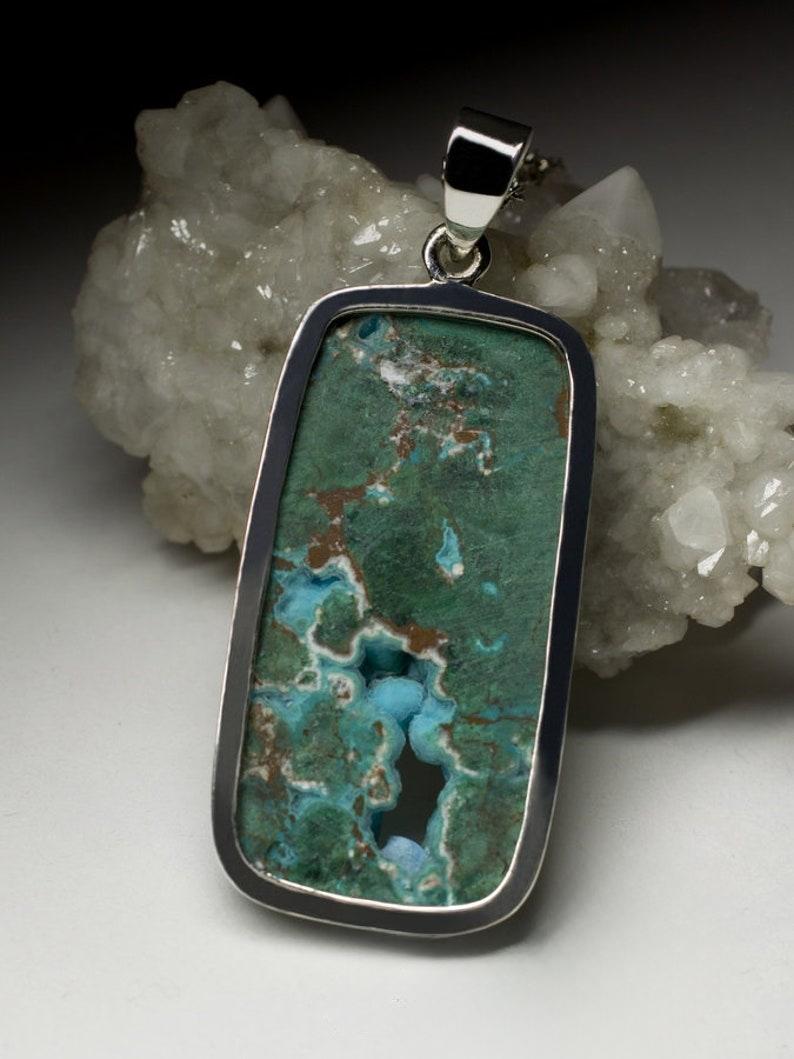 Grande ciondolo d'argento in crisocolla, pietra naturale verde blu, stile Vintage in vendita 2