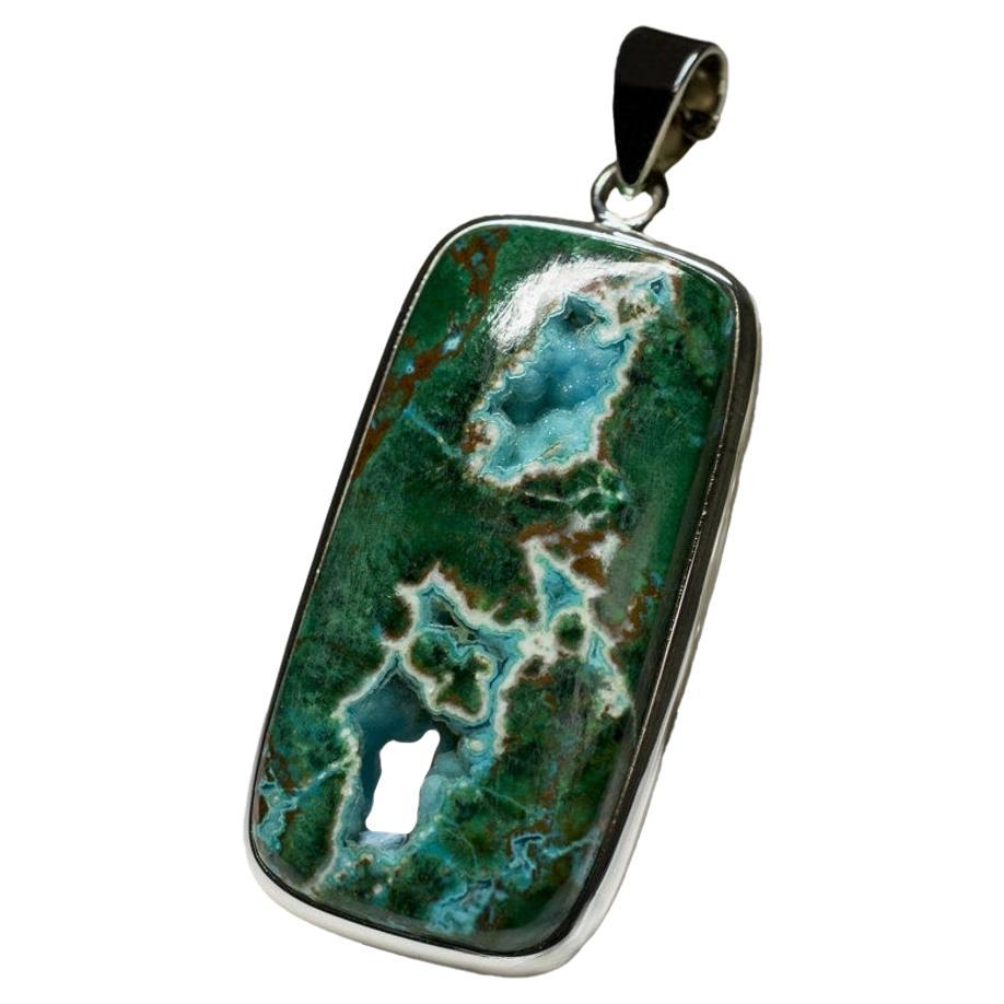 Grande ciondolo d'argento in crisocolla, pietra naturale verde blu, stile Vintage