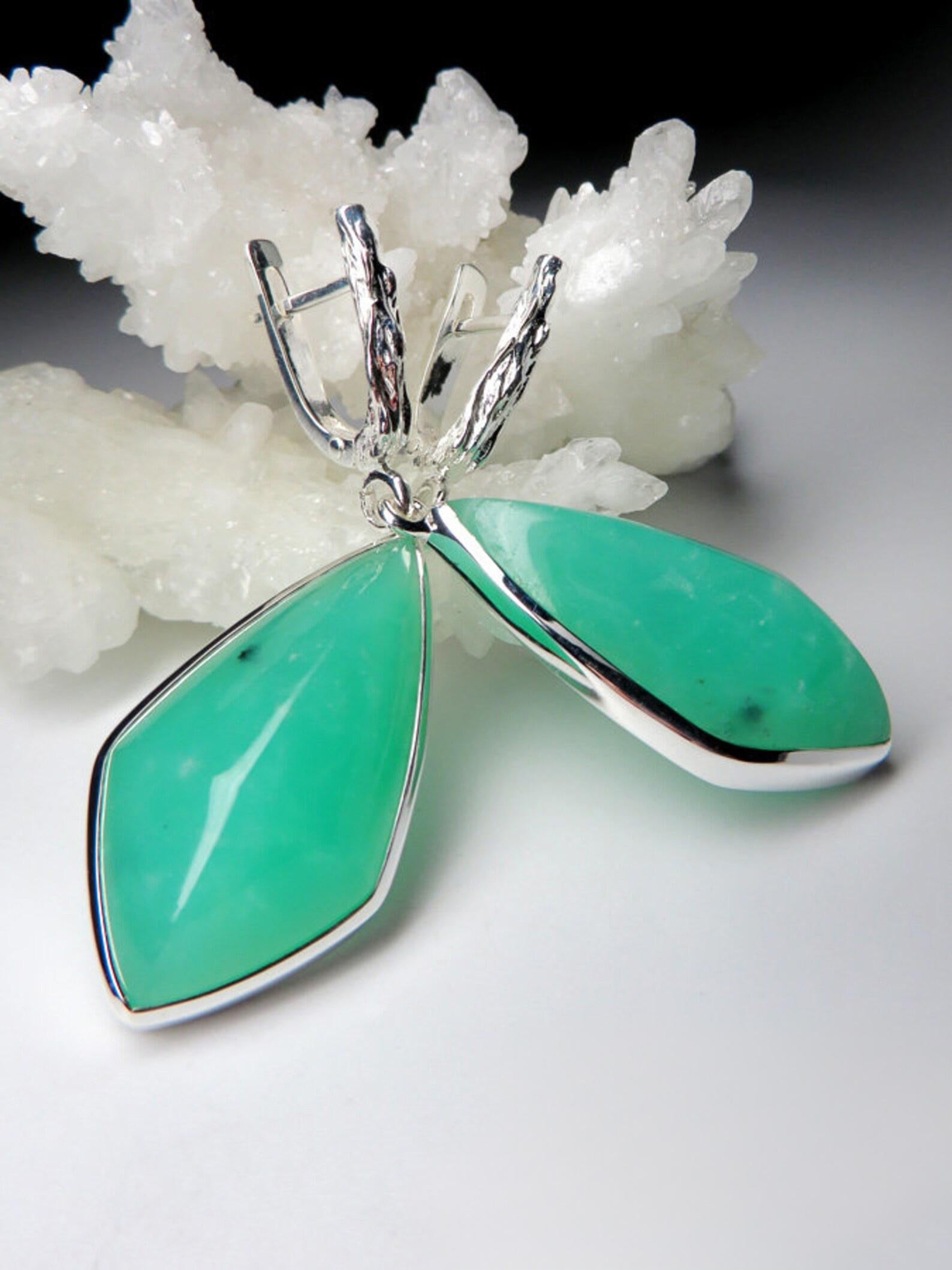 Artisan Big Chrysoprase Earrings silver Kite Shaped Luminous Mint Green Natural Gemstone For Sale