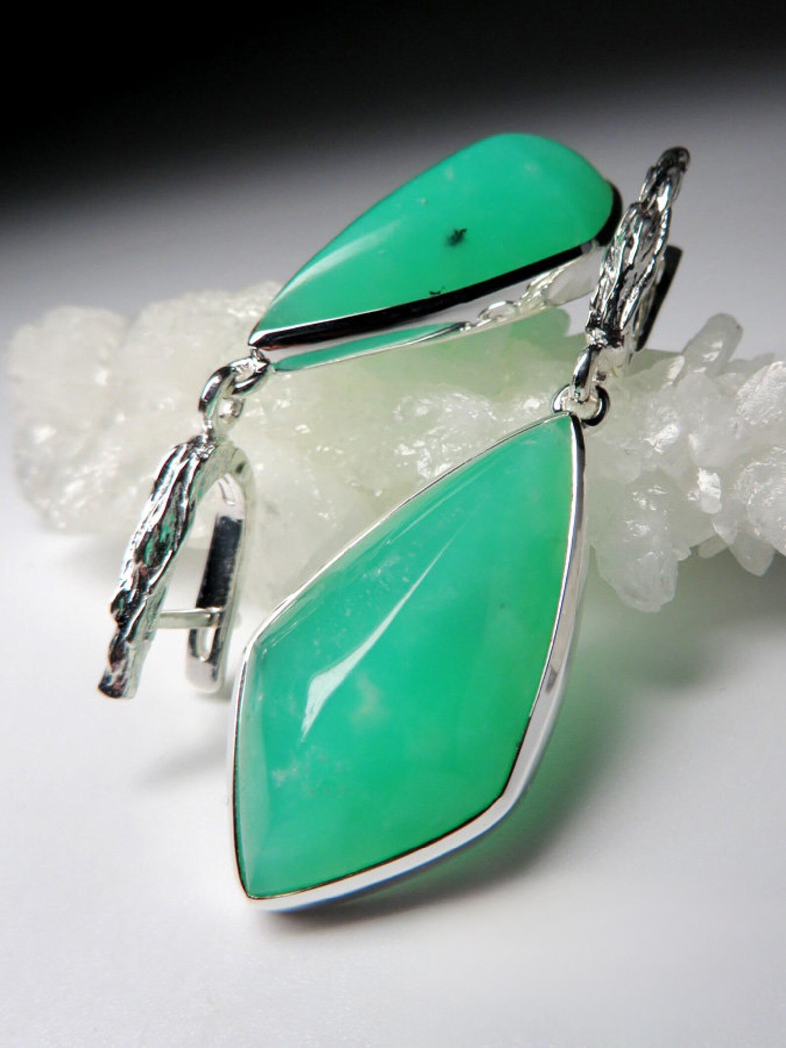 Women's Big Chrysoprase Earrings silver Kite Shaped Luminous Mint Green Natural Gemstone For Sale