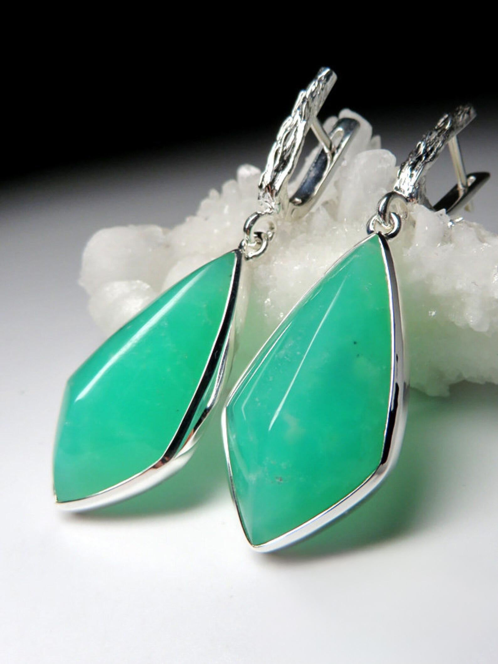 Big Chrysoprase Earrings silver Kite Shaped Luminous Mint Green Natural Gemstone For Sale 1