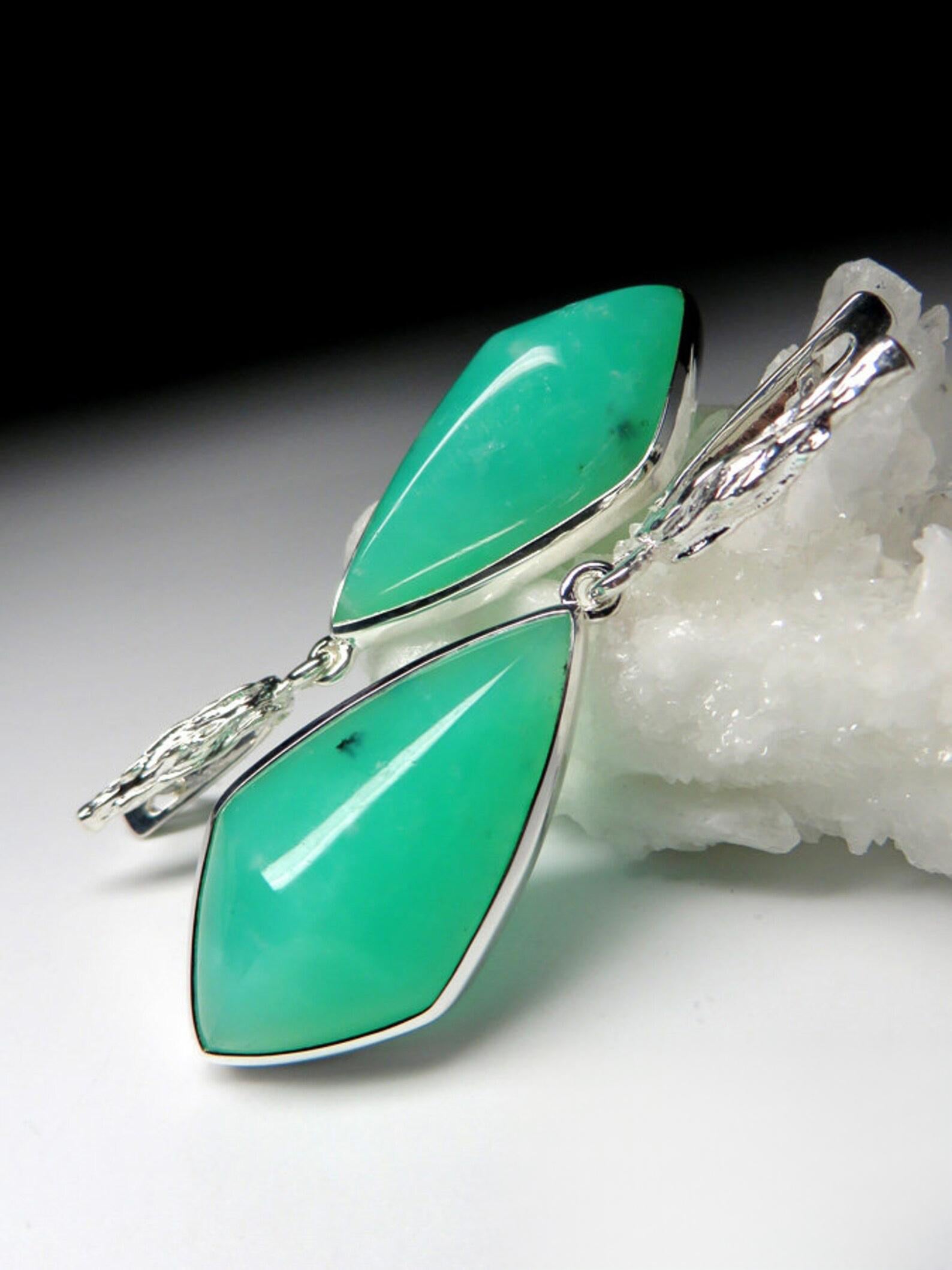 Big Chrysoprase Earrings silver Kite Shaped Luminous Mint Green Natural Gemstone For Sale 2