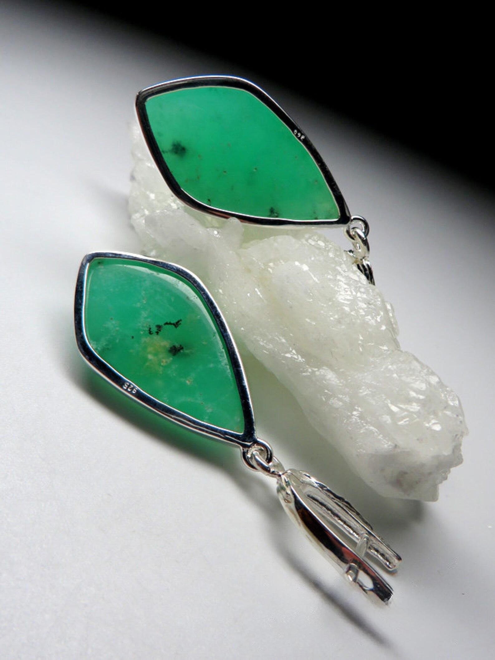 Big Chrysoprase Earrings silver Kite Shaped Luminous Mint Green Natural Gemstone For Sale 3