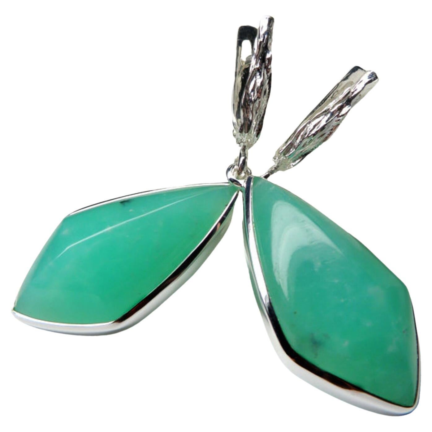 Big Chrysoprase Earrings silver Kite Shaped Luminous Mint Green Natural Gemstone