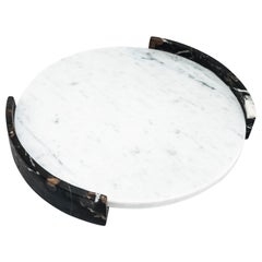 Handmade Big Circular Triptych Tray in White Carrara and Black Marquina Marble