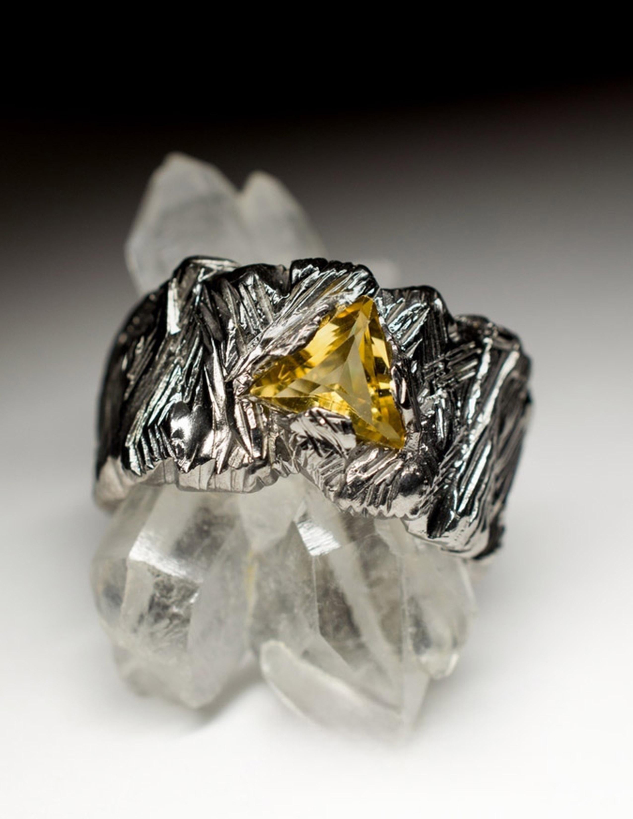 Trillion Cut Big Citrine Matte Black Finish Silver Ring Canary Yellow Brazilian Gemstone For Sale
