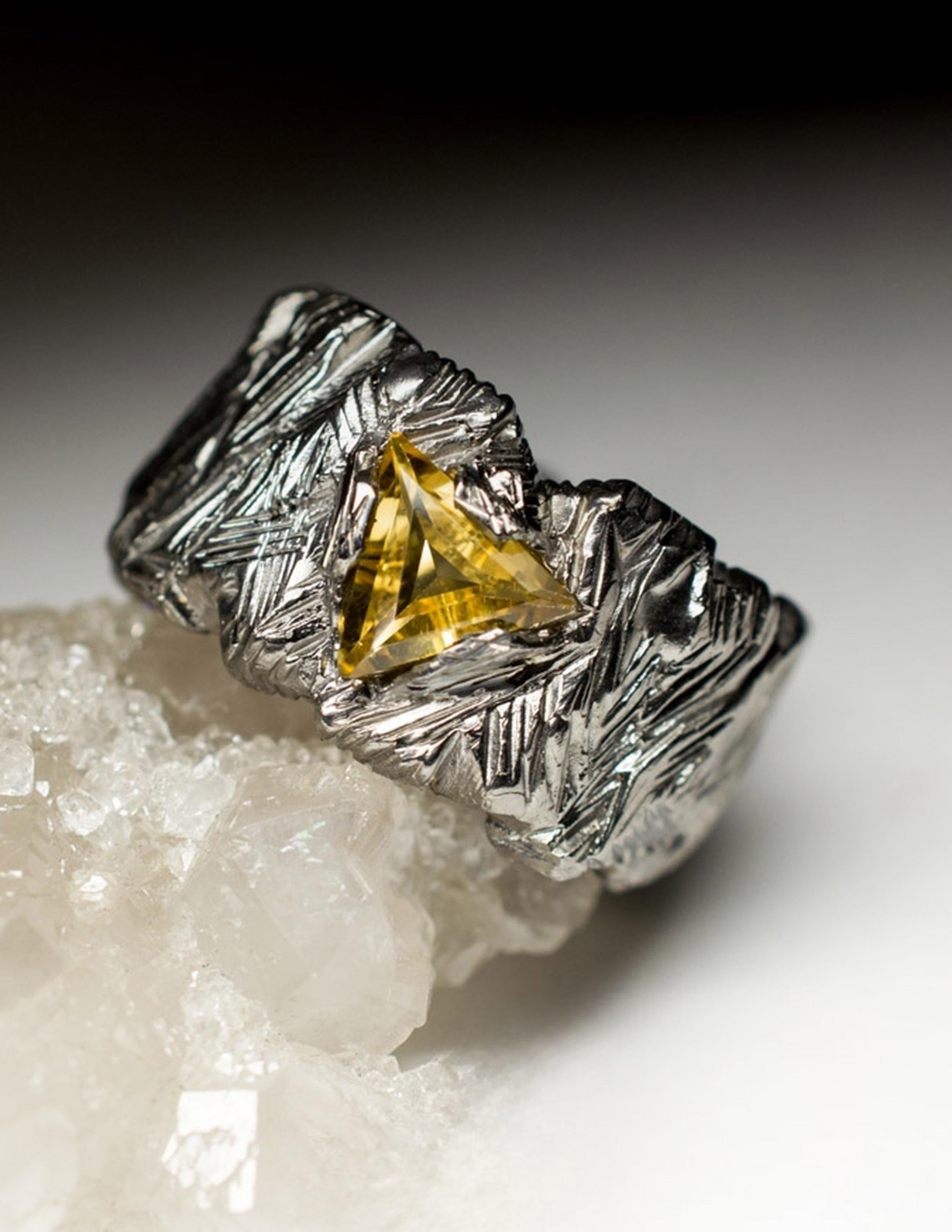 Big Citrine Matte Black Finish Silver Ring Canary Yellow Brazilian Gemstone For Sale 3