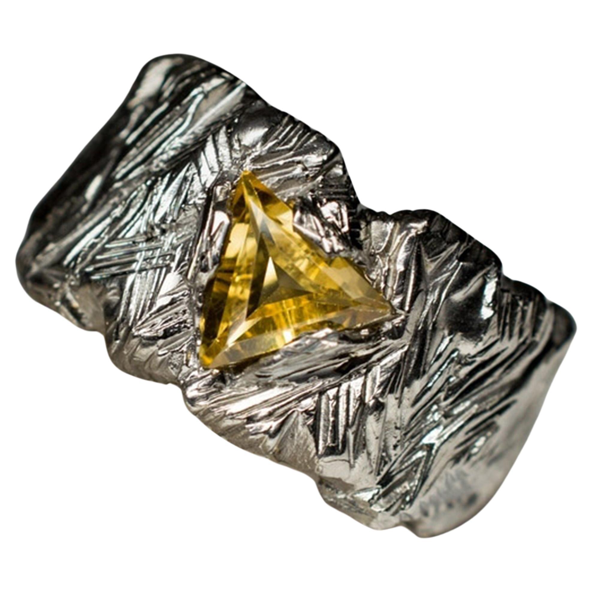 Big Citrine Matte Black Finish Silver Ring Canary Yellow Brazilian Gemstone For Sale