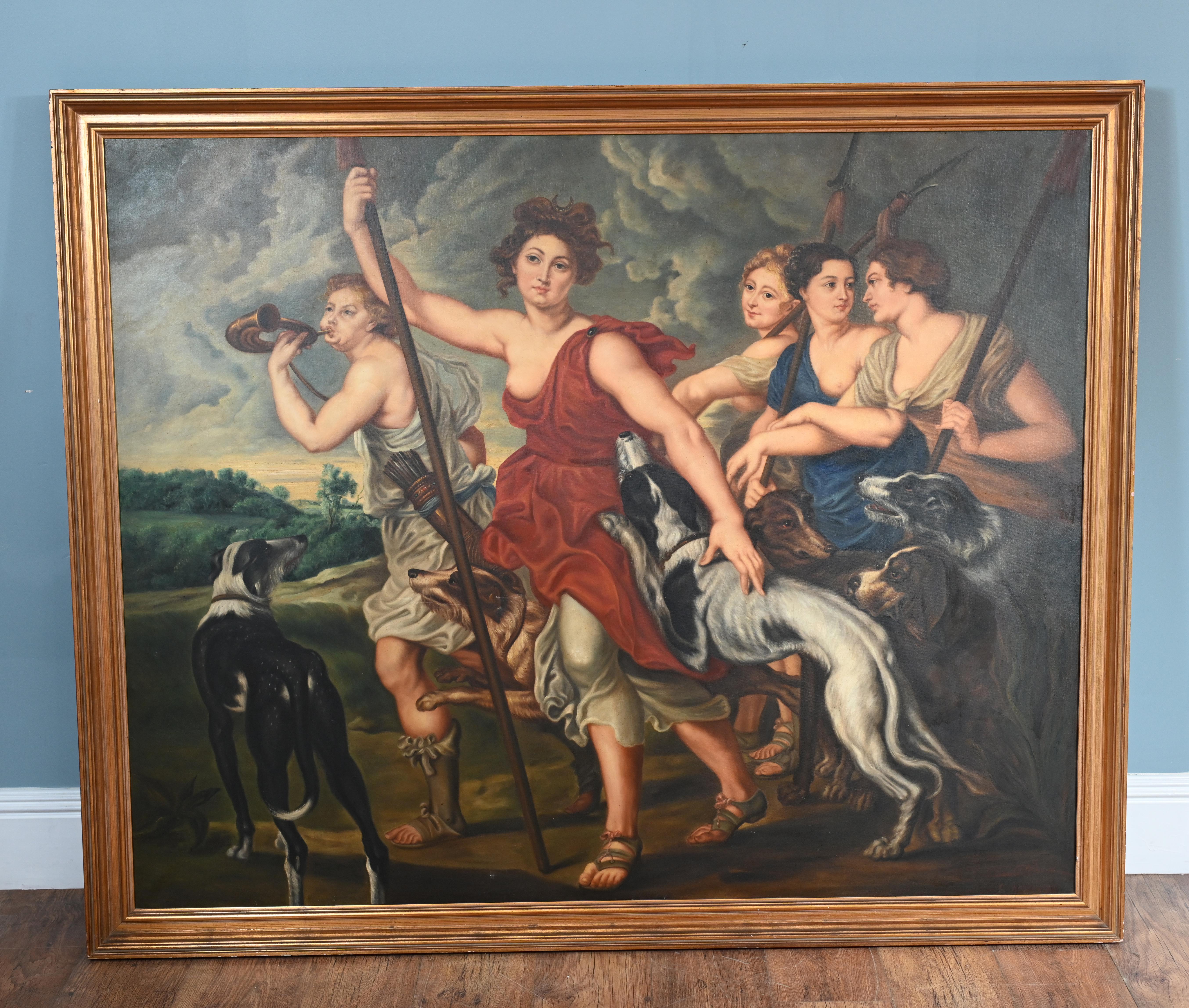 You are viewing a wonderful oil painting depicting the classic 'Diana Returning From The Hunt'
The original is by Peter Paul Rubens (1577 - 1640) the baroque Flemish Grand Master
At almost six feet wide - 145 CM - this is a good size
In Greco-Roman