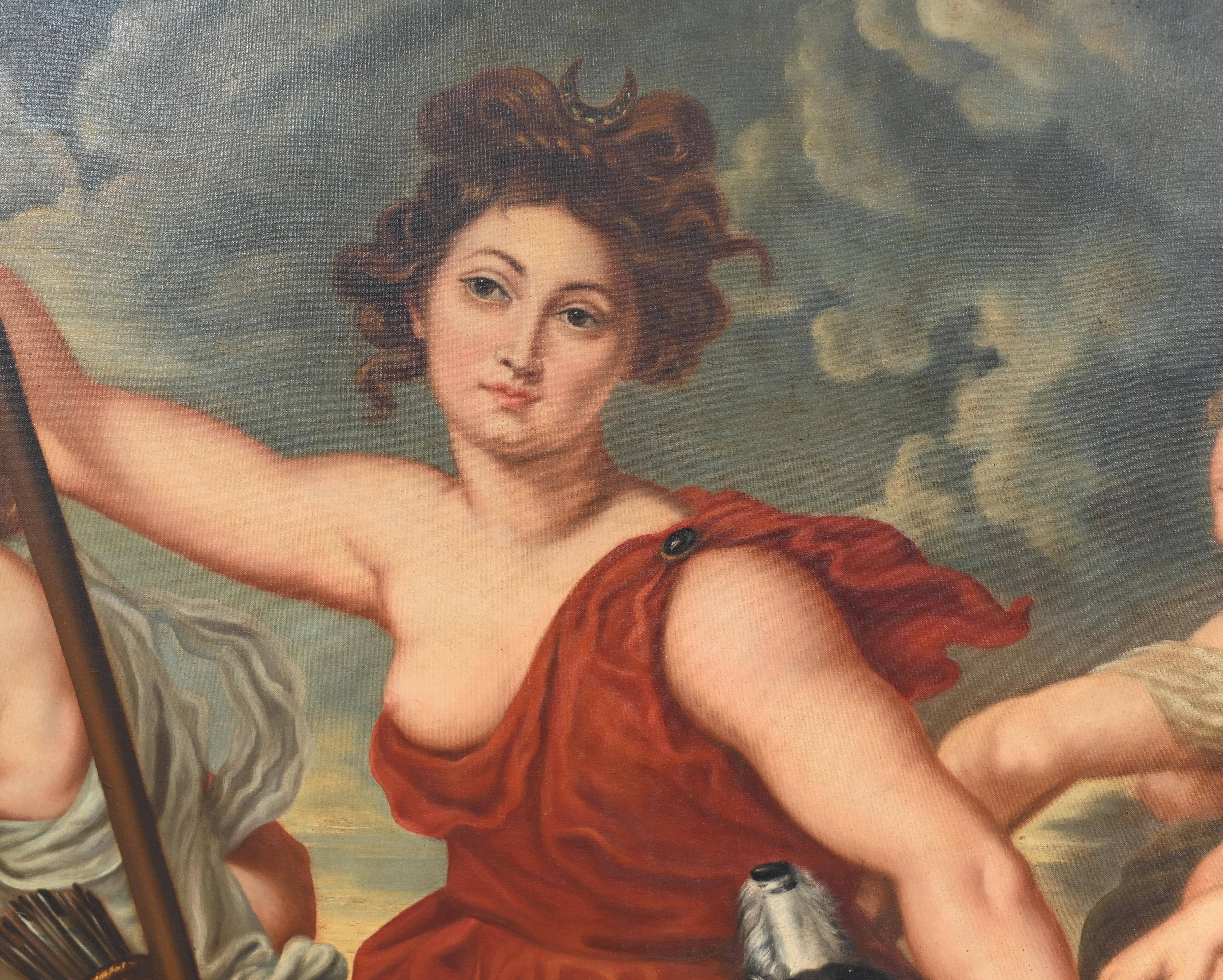 Big Classical Oil Painting Diana Huntress after Rubens 1880 In Good Condition For Sale In Potters Bar, GB