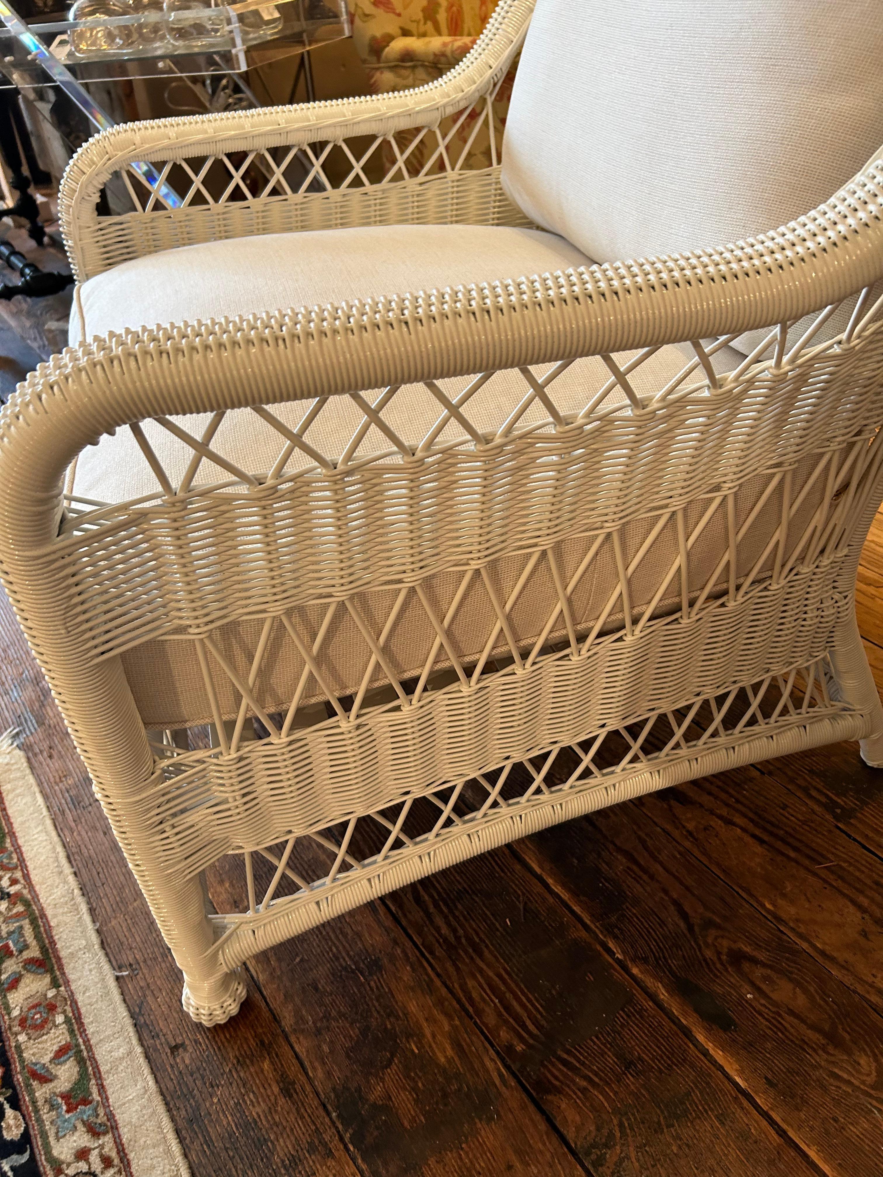 Big Comfy White Wicker Club Chair with Custom Upholstered Cushions 3