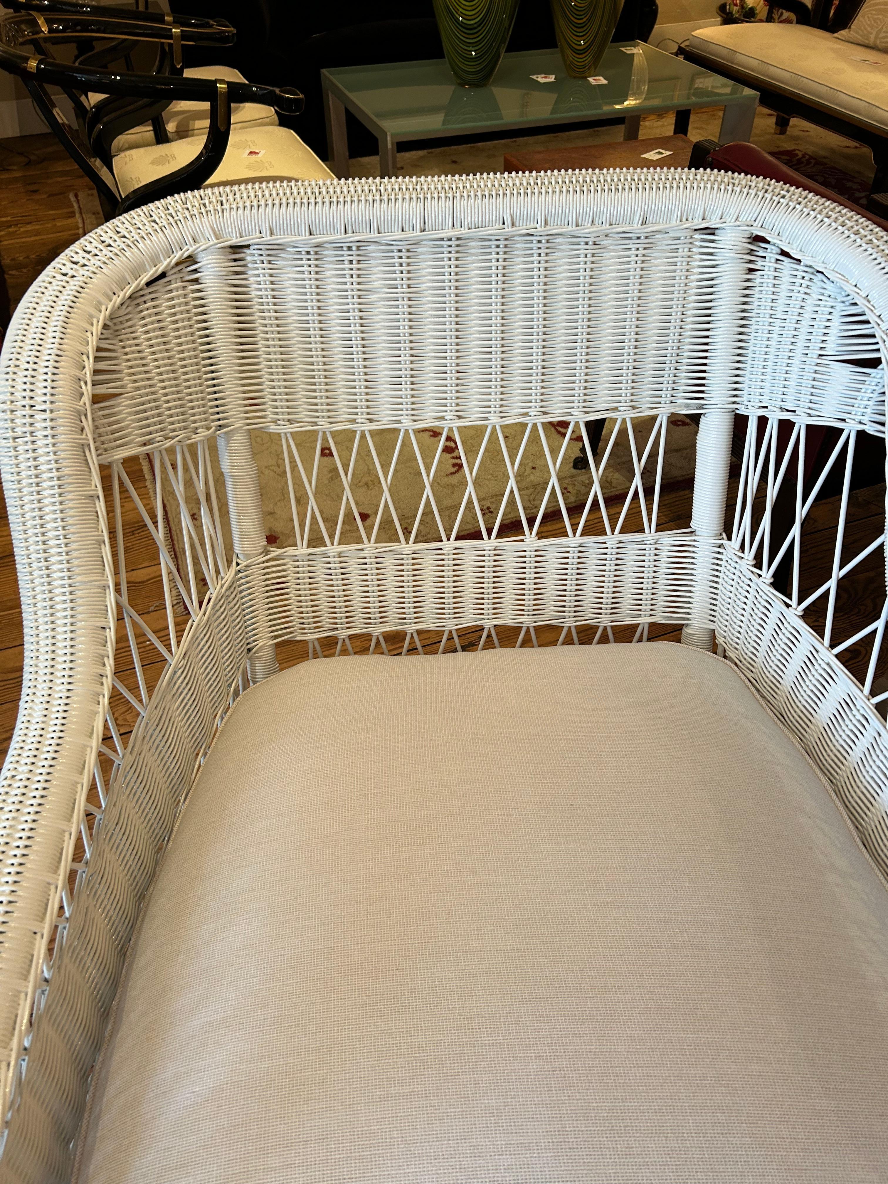 Organic Modern Big Comfy White Wicker Club Chair with Custom Upholstered Cushions