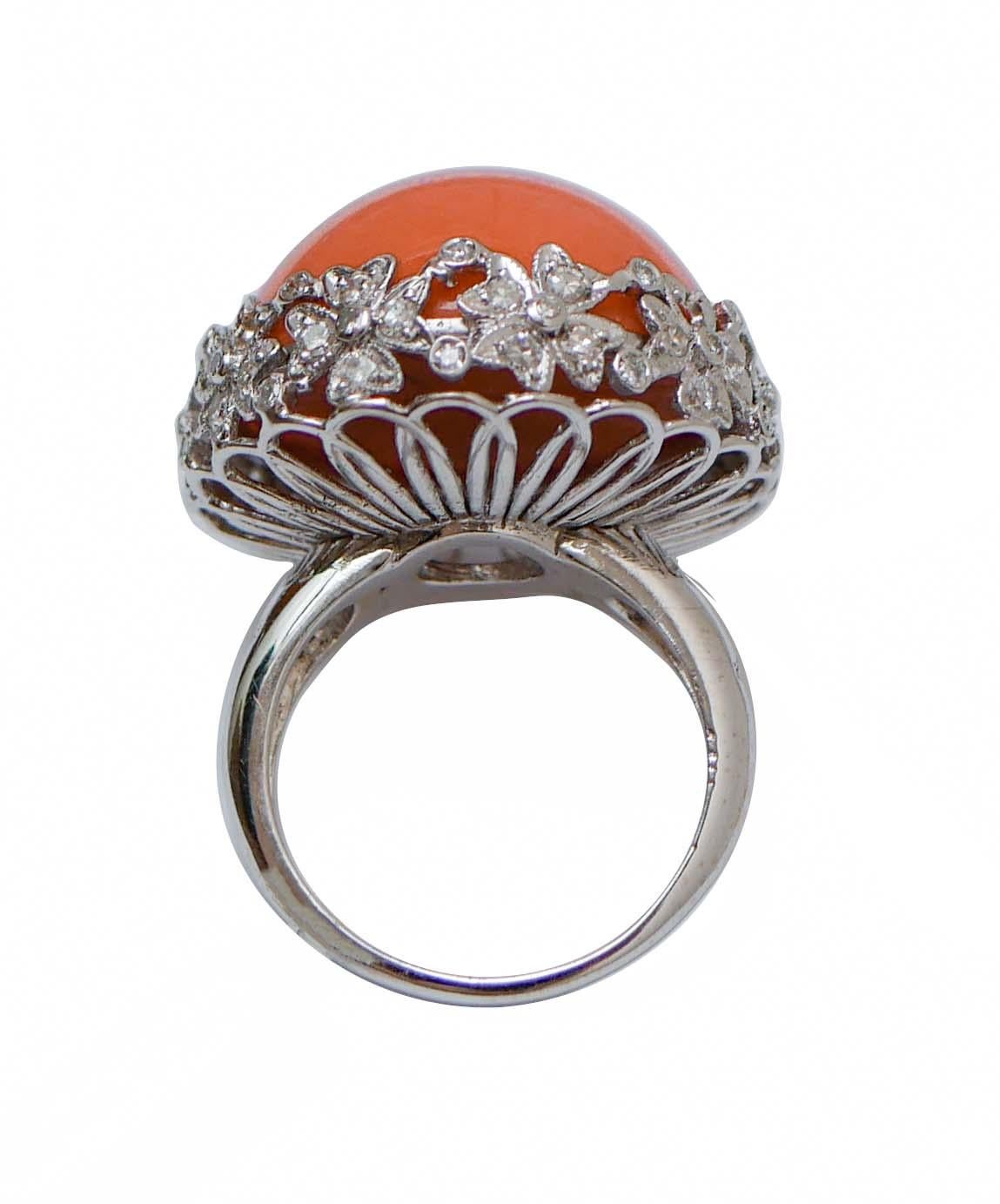 Retro Big Coral, Diamonds, 18 Karat White Gold Ring.