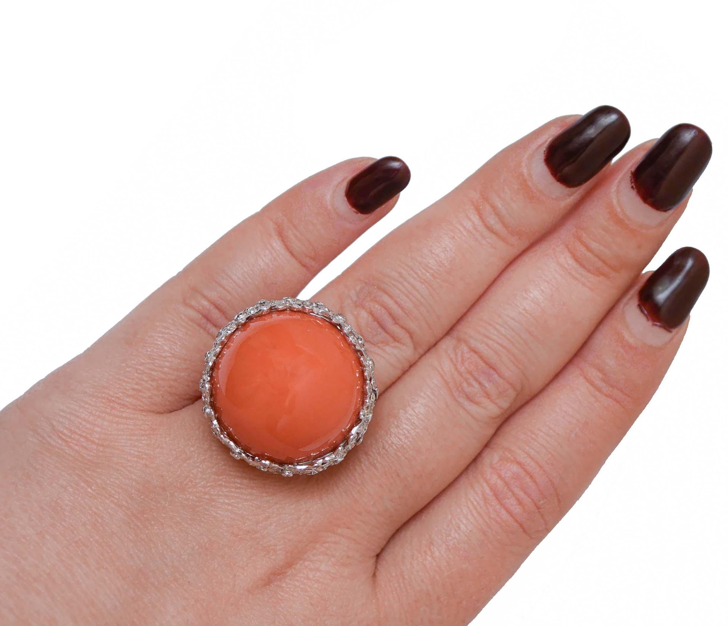 Mixed Cut Big Coral, Diamonds, 18 Karat White Gold Ring.